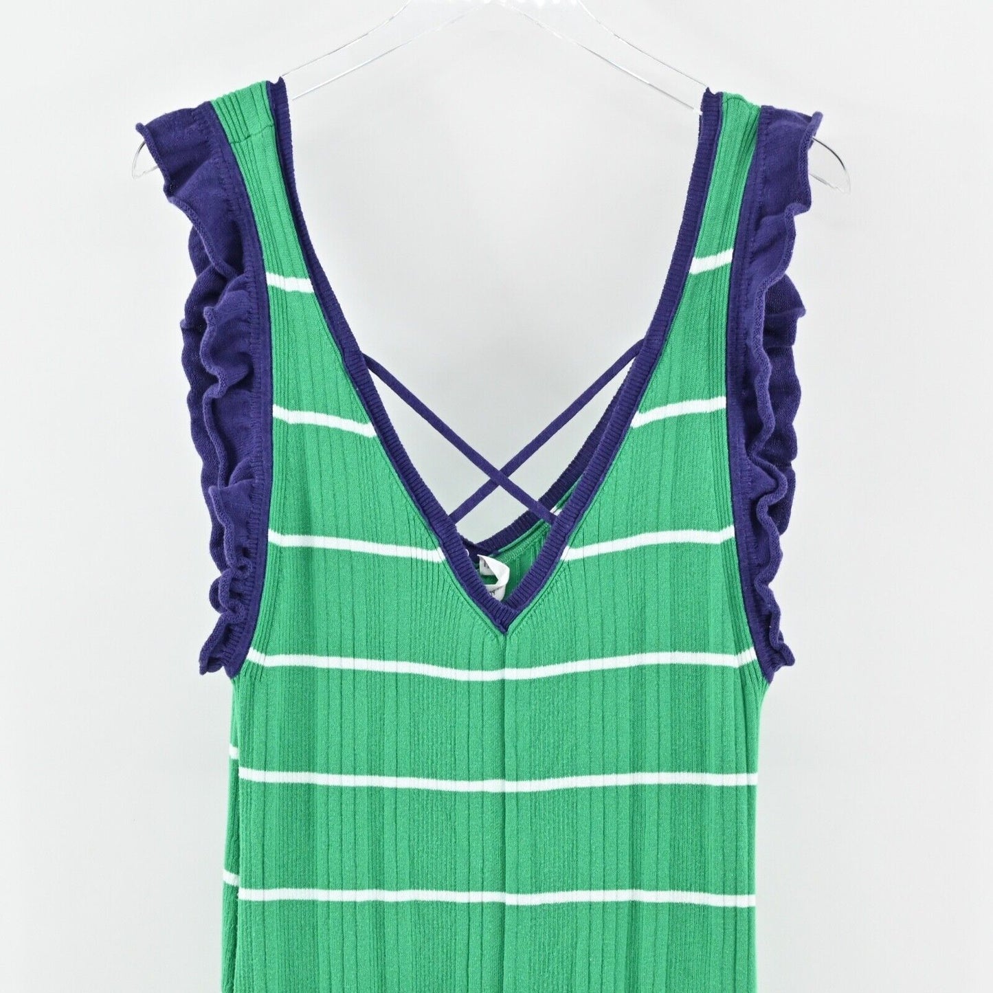 ANTHROPOLOGIE Dress Size XL Green Stripe Cotton Knit Ruffle Midi DAILY PRACTICE