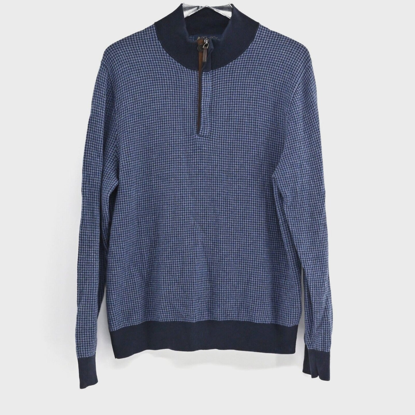BROOKS BROTHERS Mens Cashmere Sweater Sz L Blue Houndstooth Cotton 1/4 Zip Mock