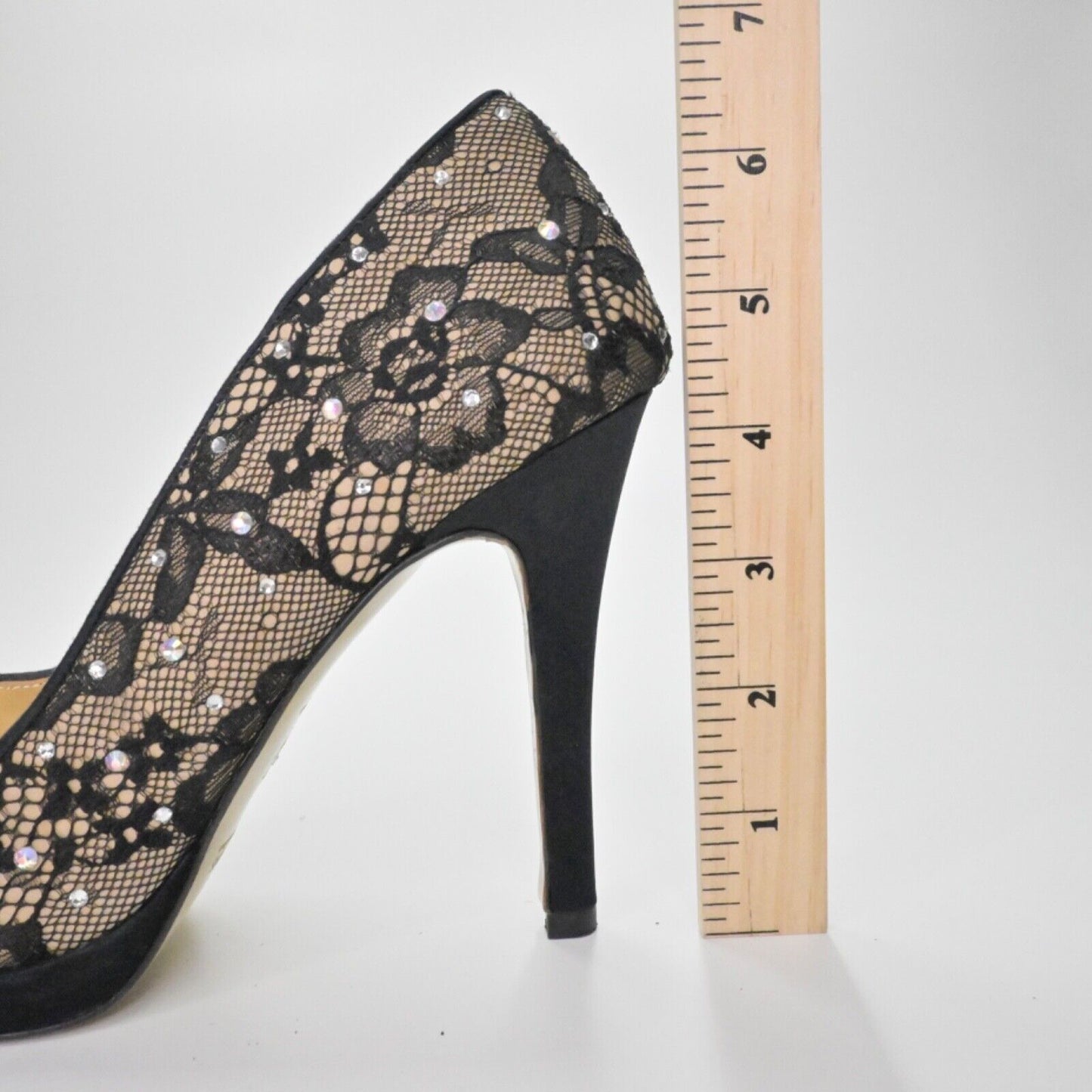 BENJAMIN ADAMS Pumps Womens Sz 7.5 Black Lace Rhinestone Peep Toe Stiletto Heel