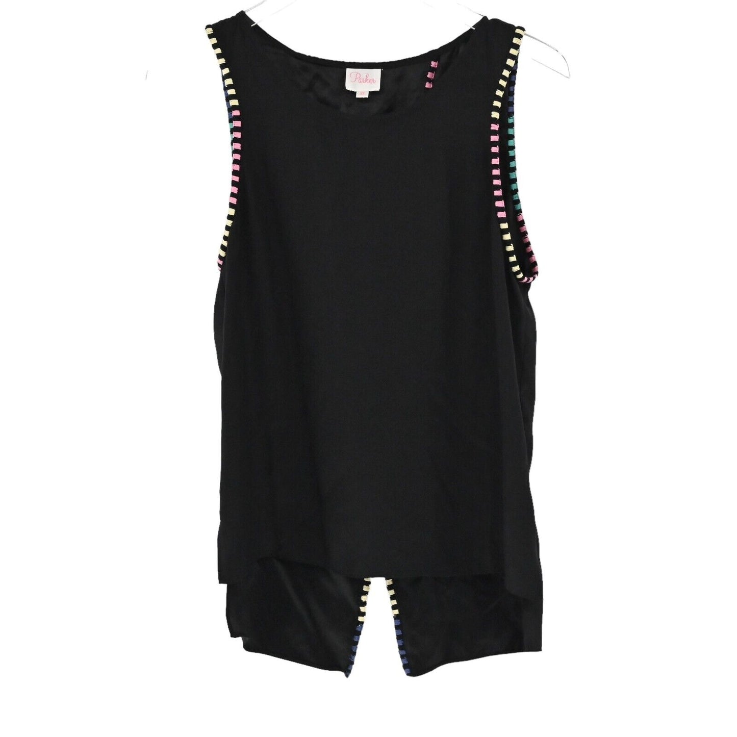 PARKER Top Womens Size XS Black Rainbow Embroidered Stripe Silk Split Back Tank