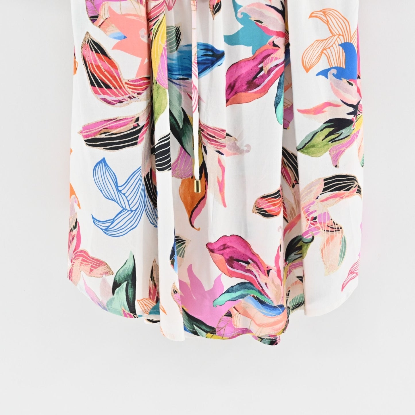 LA BLANCA Dress Size L Paradise Floral ALine Mini White Multi Off Shoulder
