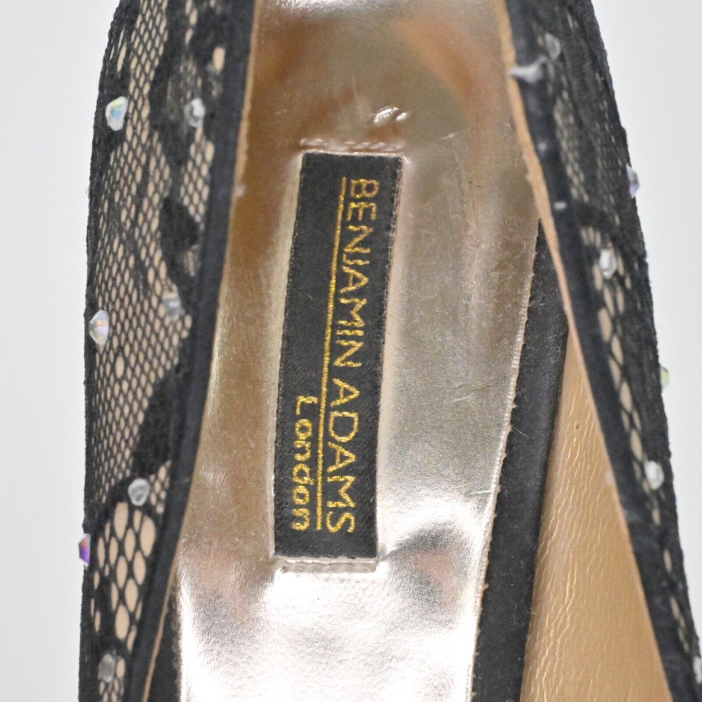 BENJAMIN ADAMS Pumps Womens Sz 7.5 Black Lace Rhinestone Peep Toe Stiletto Heel