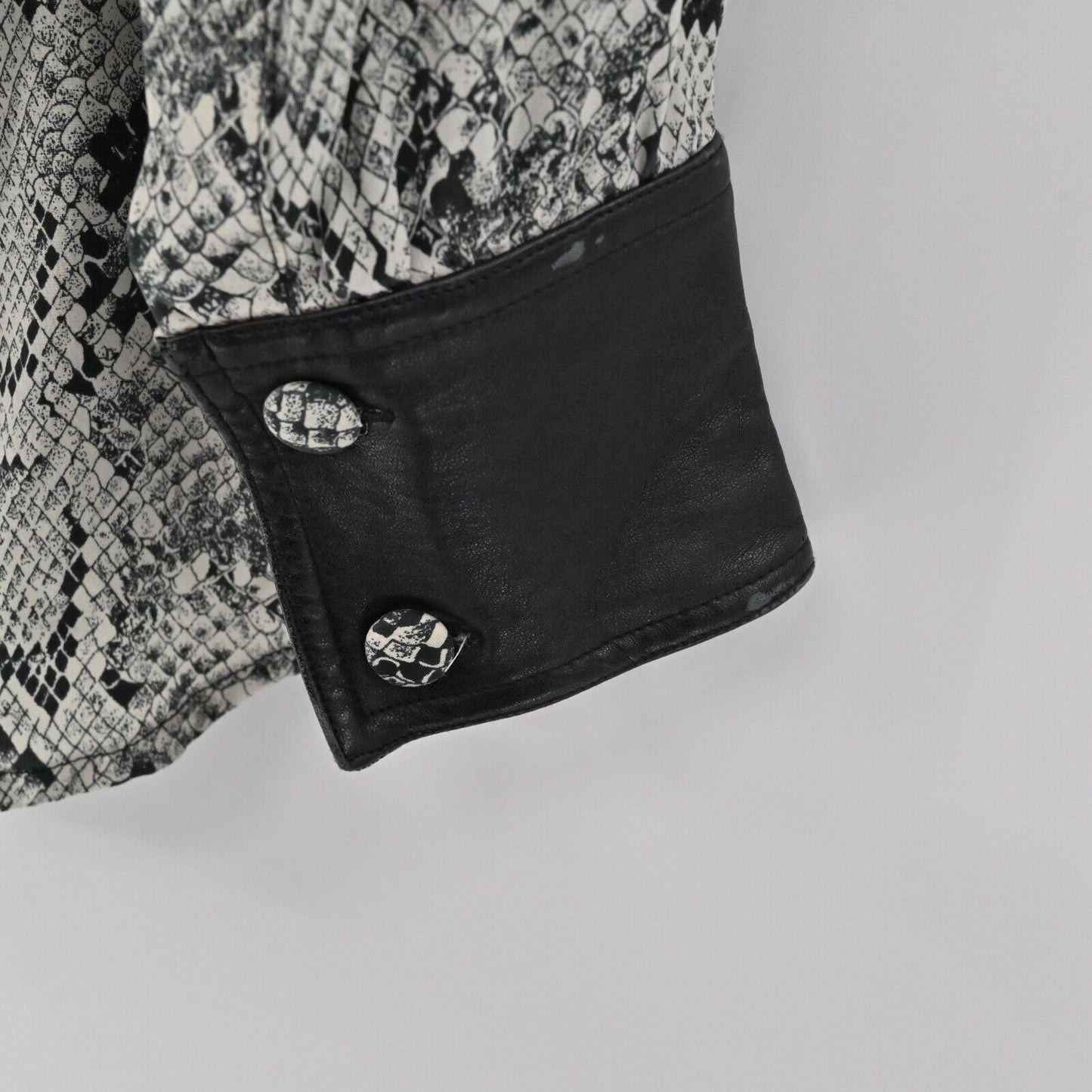 Vtg CACHE Top Womens Sz M Black Snakeskin Print Silk Faux Leather Button Up 90s