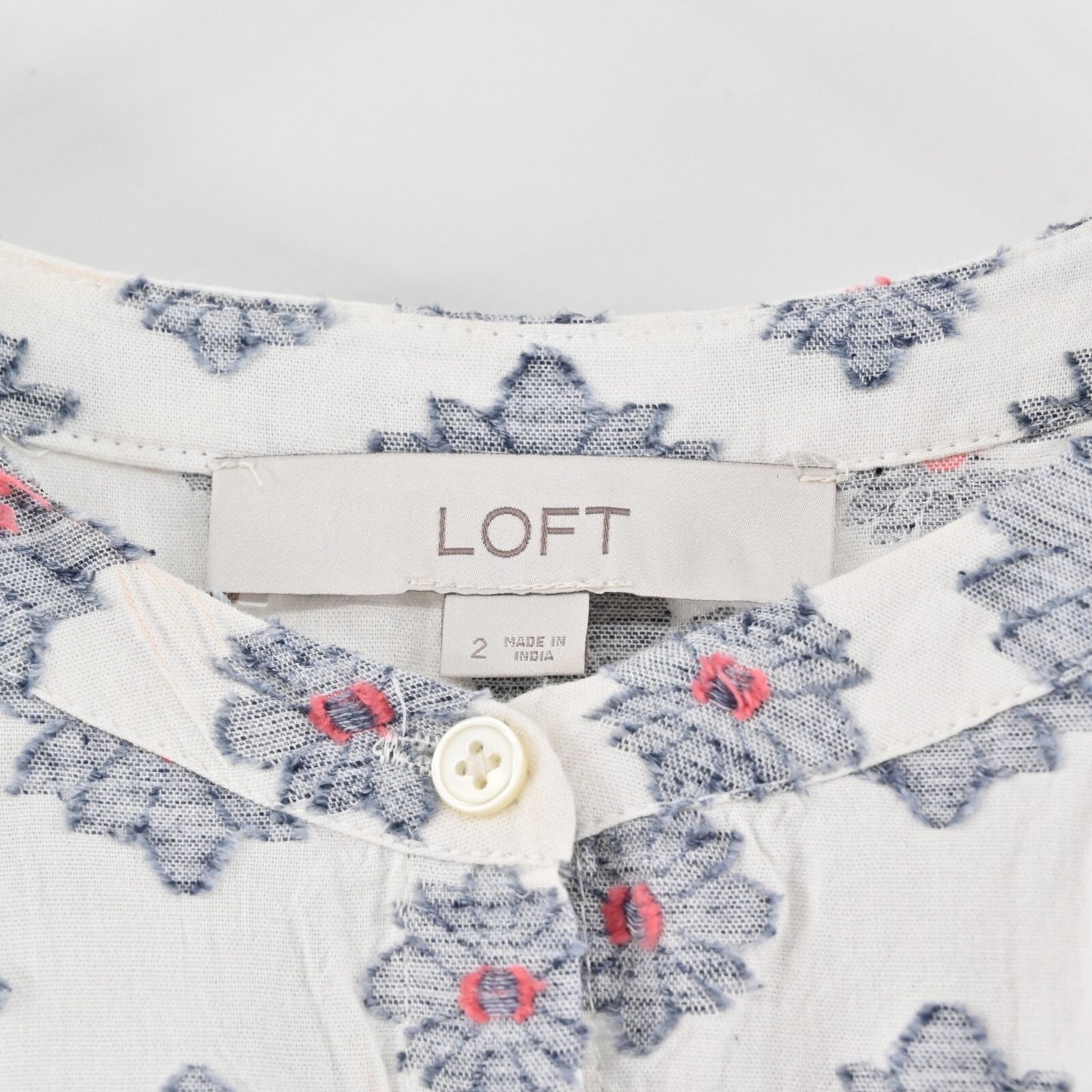 LOFT Dress Size 2 Medallion Print Cinch Side Tie Midi Blue White Short Sleeve