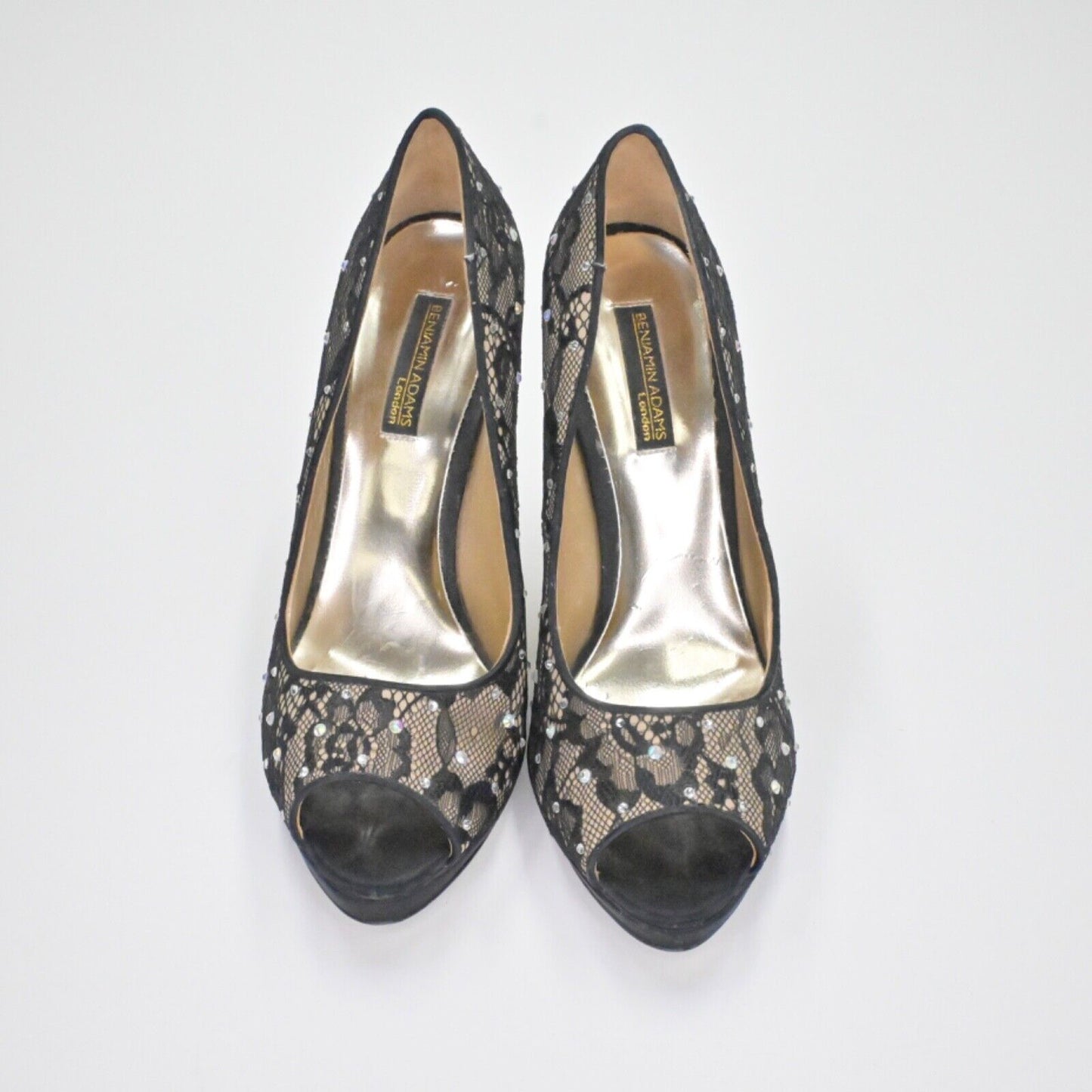 BENJAMIN ADAMS Pumps Womens Sz 7.5 Black Lace Rhinestone Peep Toe Stiletto Heel