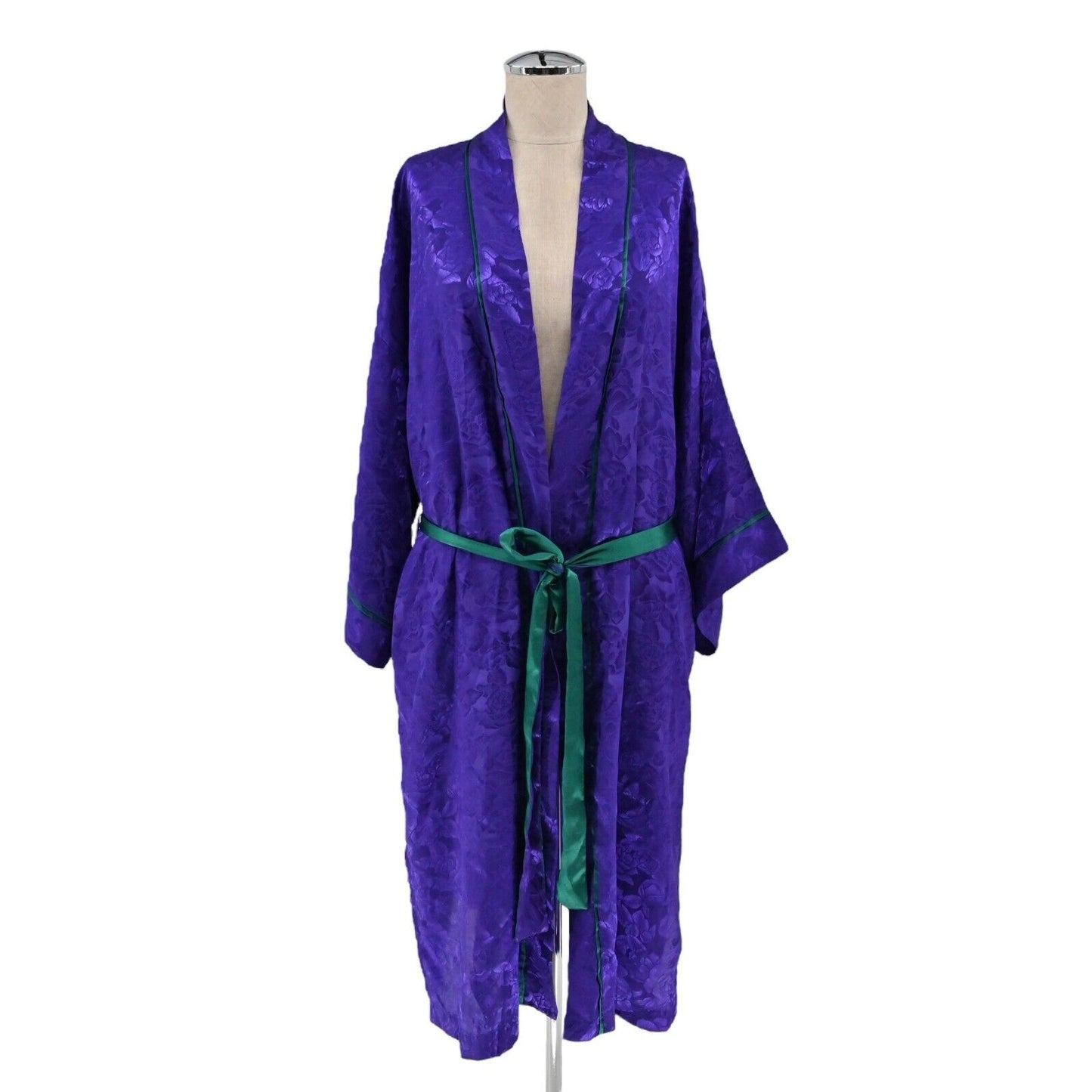 Vtg VICTORIAS SECRET Robe Womens Size OS Long Purple Satin Floral Tie Gold Label