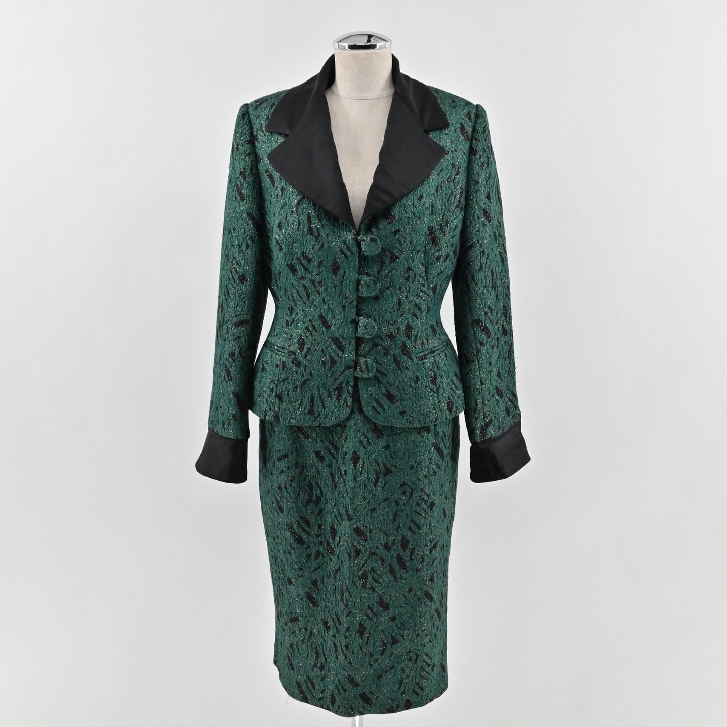 Vtg 80s PARVEEN COUTURIERE Womens Shimmer Jacquard Skirt Suit Sz 12 Green Career
