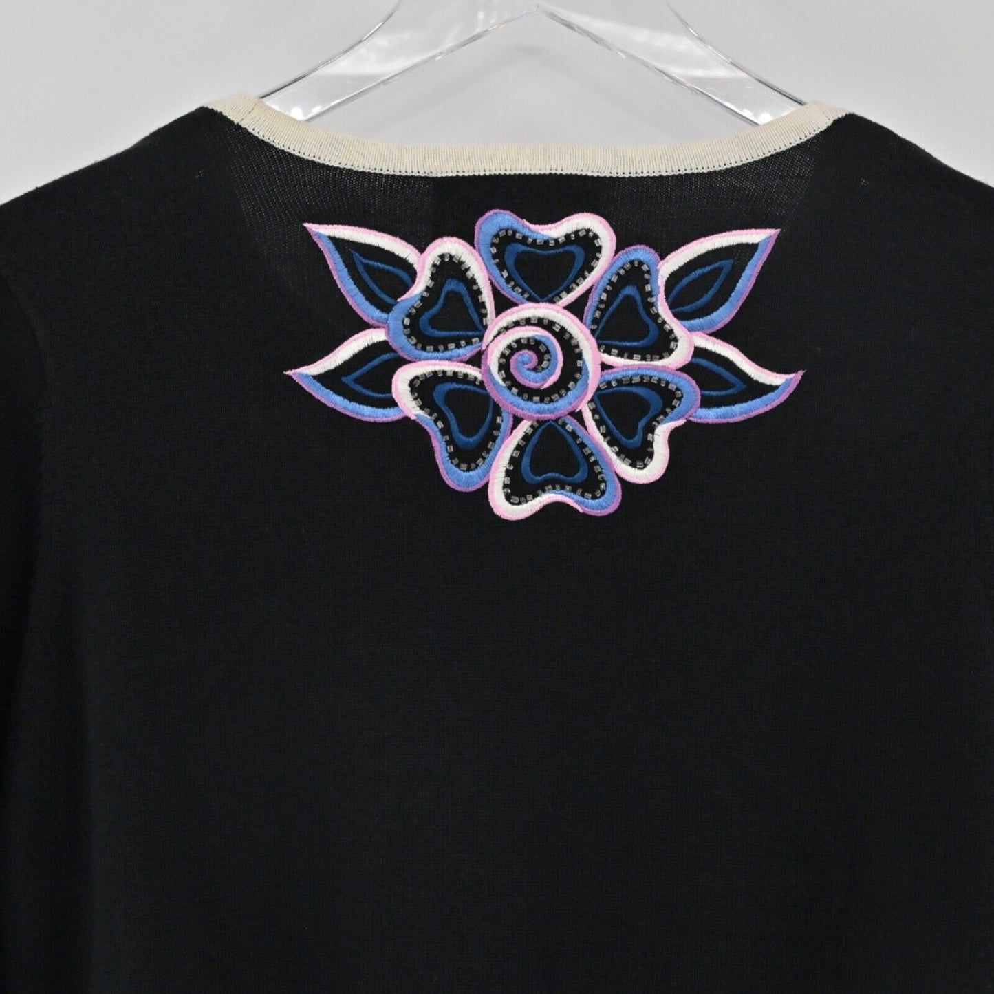Vtg BOB MACKIE Cardigan Womens Sz M Cut Out Floral Embroidered Beaded Rhinestone