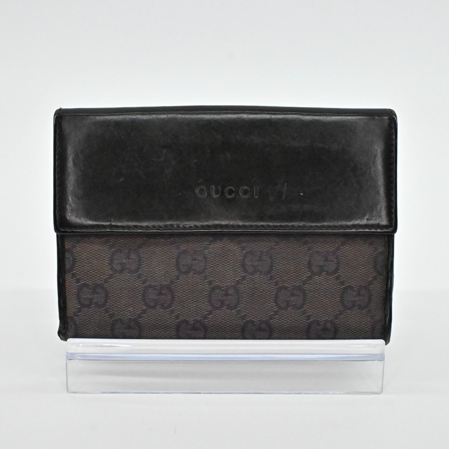 Vtg GUCCI Wallet Brown Leather Classic Monogram GG Logo Print Fold Compact