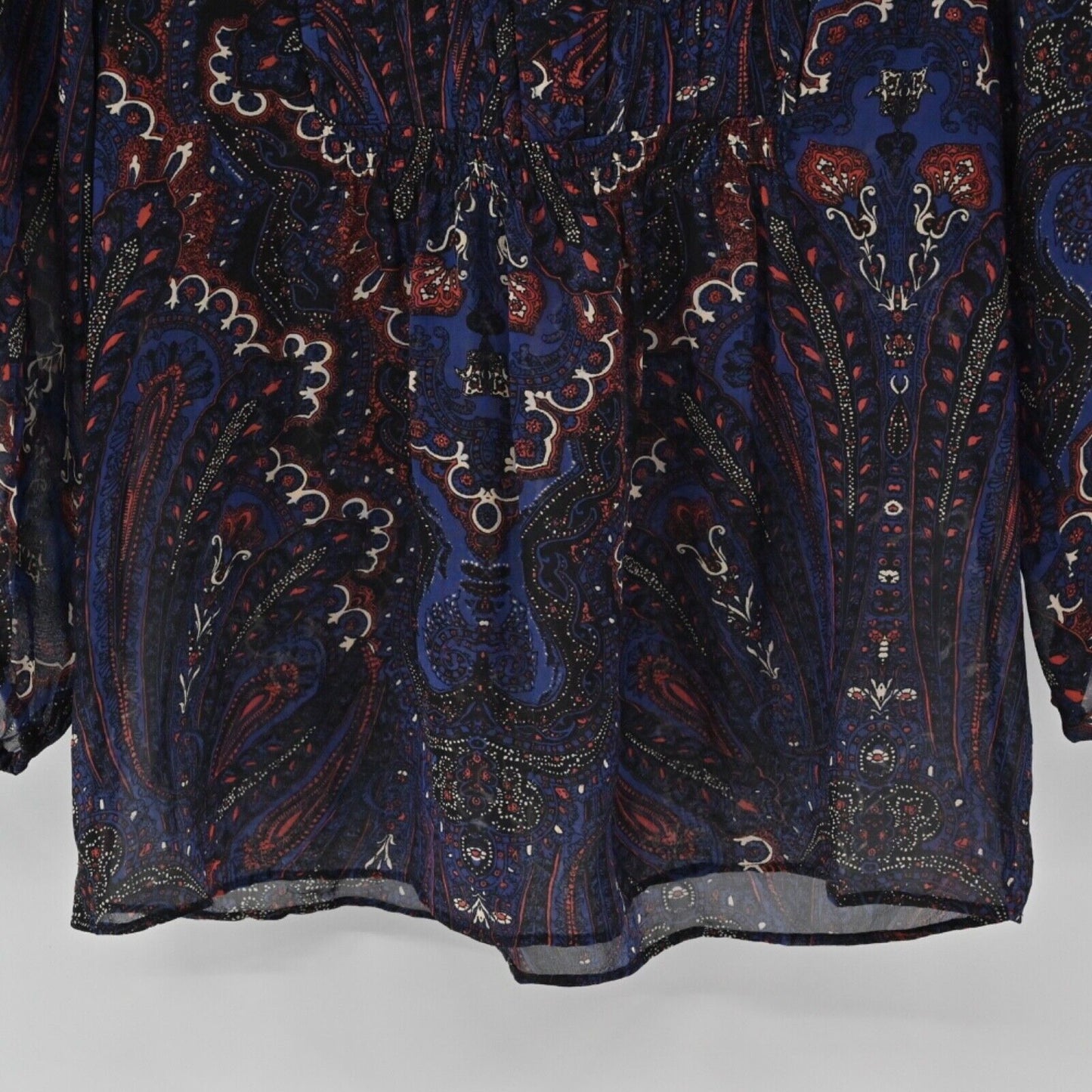 JOIE Top Womens Size XS Blue Paisley Sheer 100% Silk Chiffon Tie Neck 3/4 Sleeve