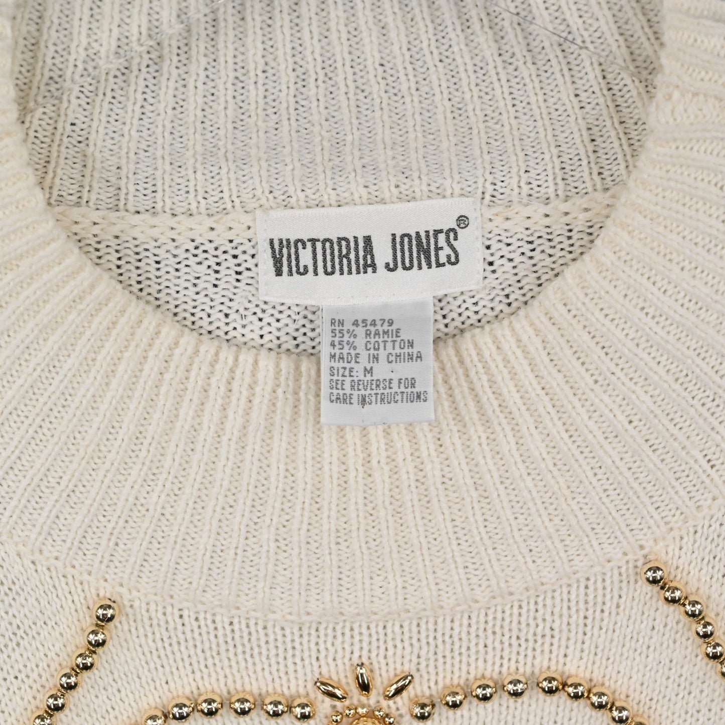 Vtg 80s Womens Gold Beaded Sweater Sz M Cream Victoria Jones Knit Fleur De Lis