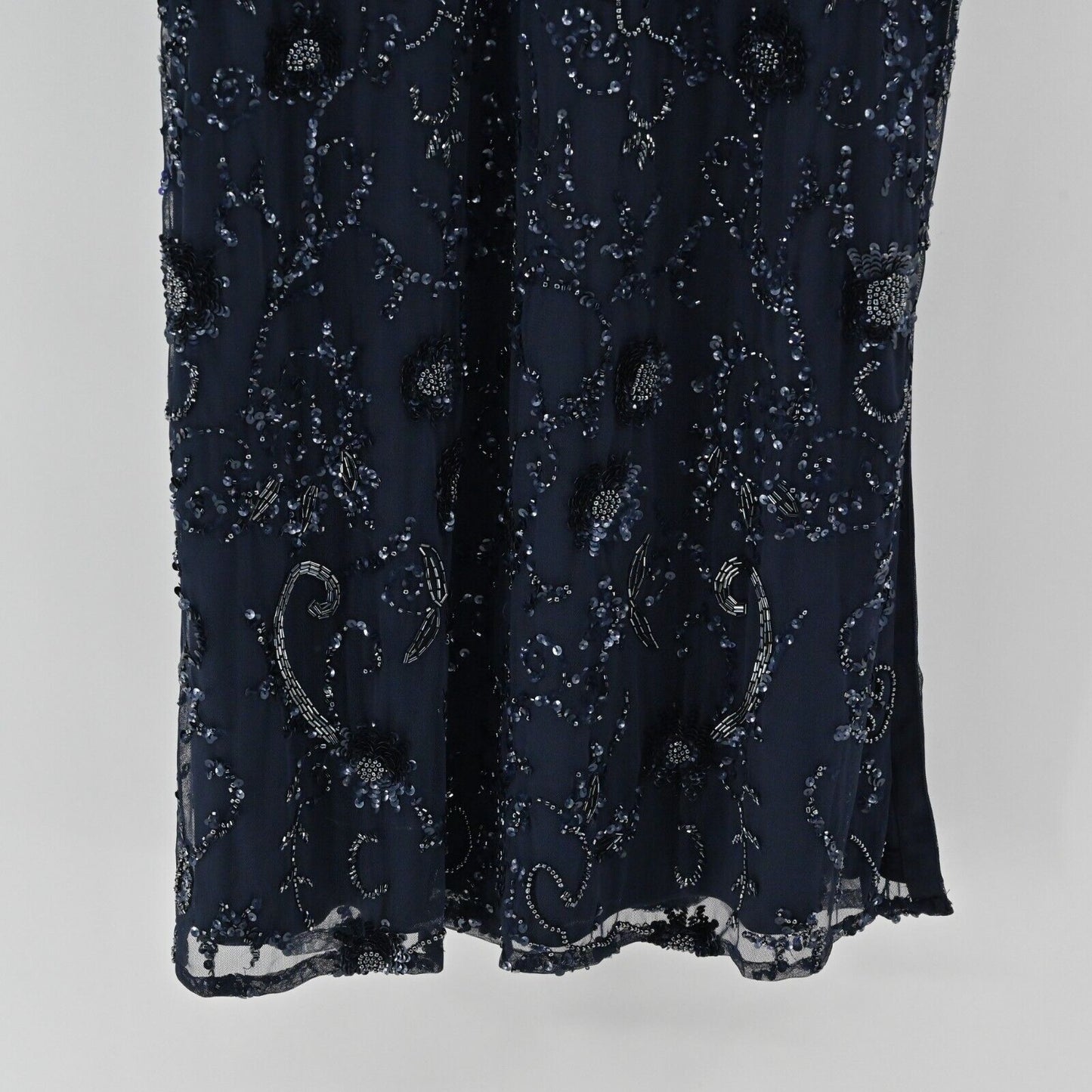 AIDAN MATTOX Dress Size 10 Beaded Sequin Navy Blue Gown Flutter Sleeve Glam FLAW
