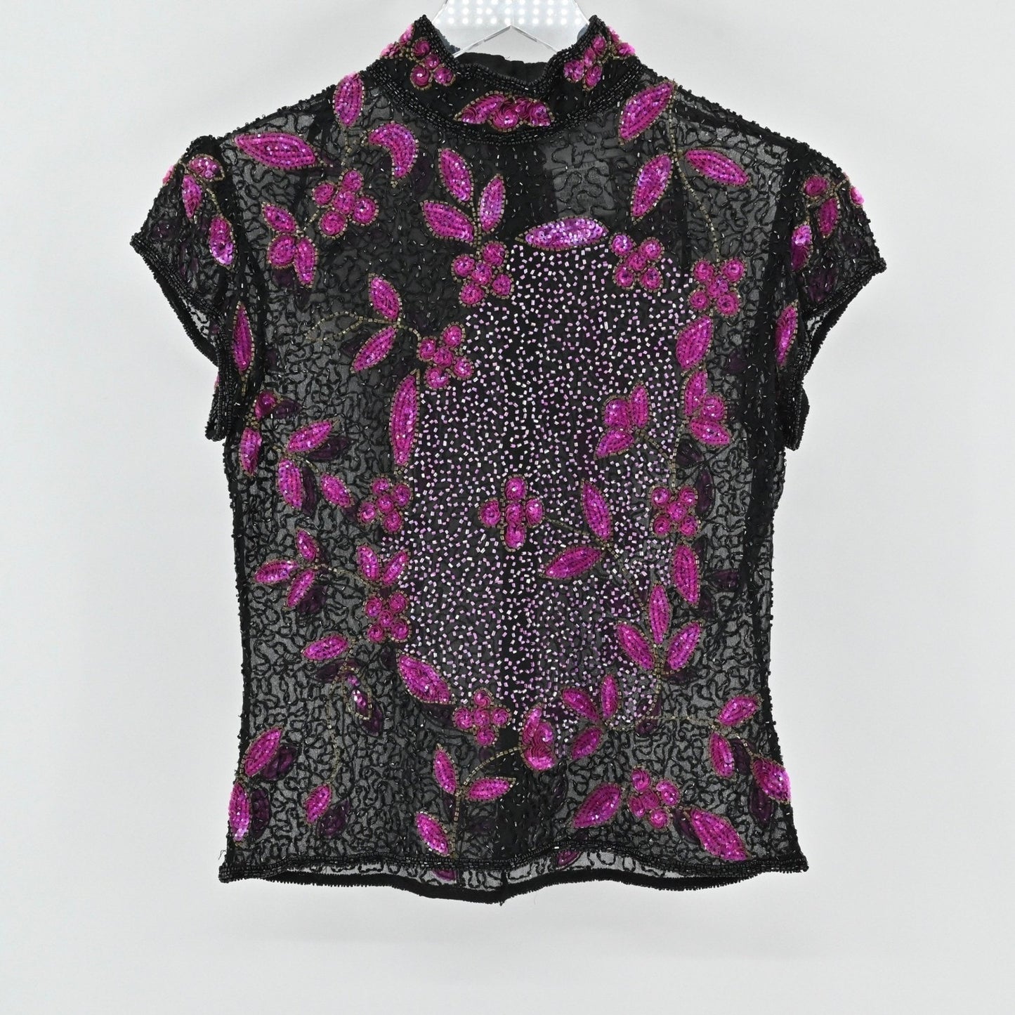 Vtg 80s Papell Boutique Silk Beaded Top Size S Black Pink Sequined Retro Glam