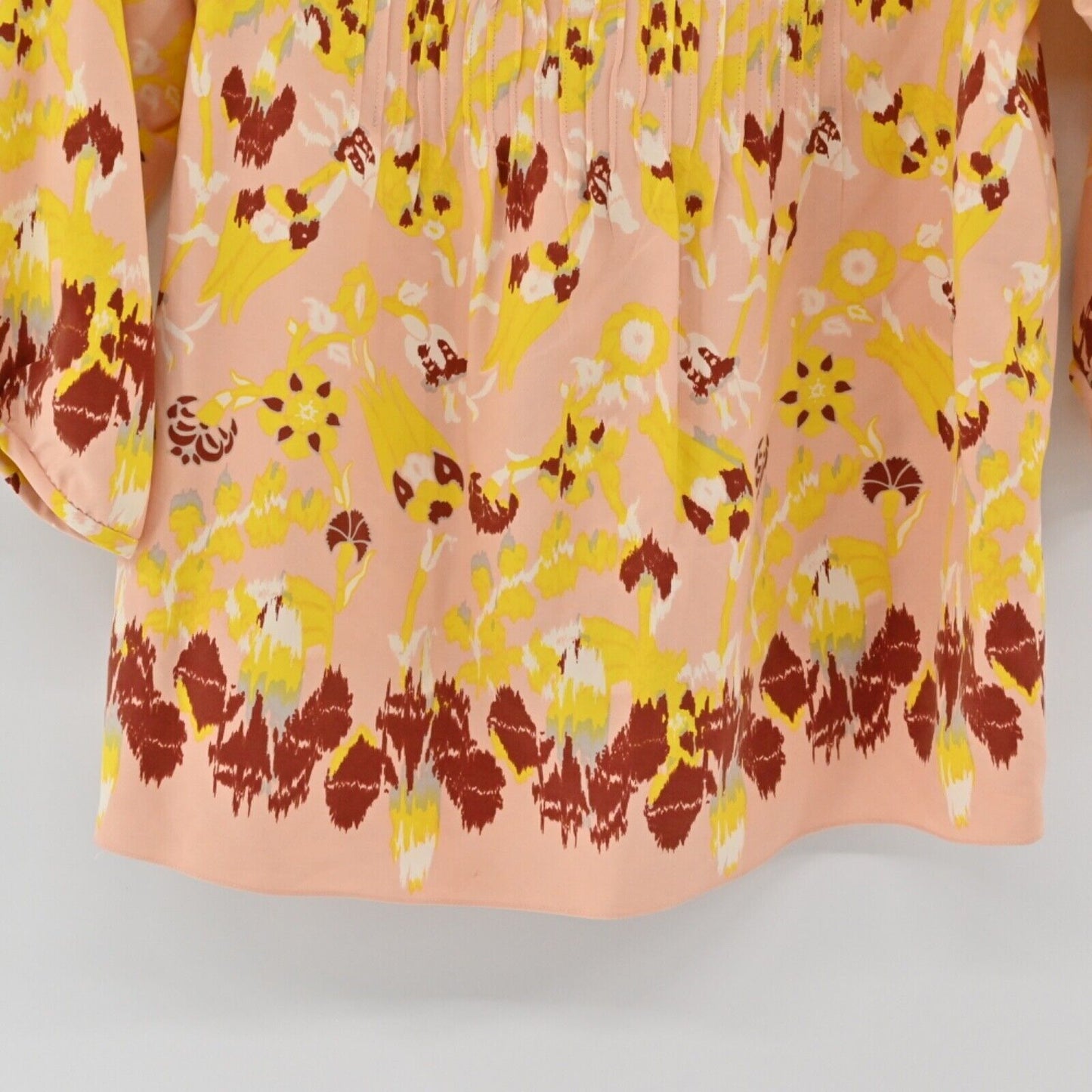 TIBI Top Womens Sz 4 Blush Pink Boho Floral 100% Silk Pleated 3/4 Sleeve Blouse