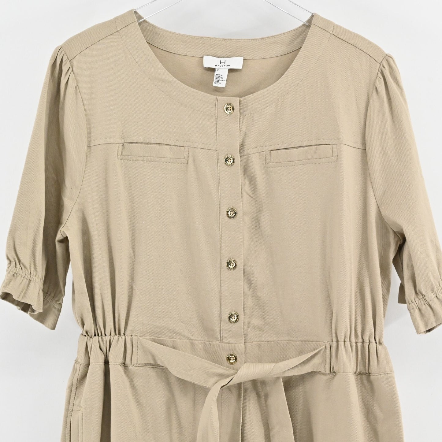 H by HALSTON Khaki Jumpsuit Womens Size L Button Tie Waist Wide Leg Casual