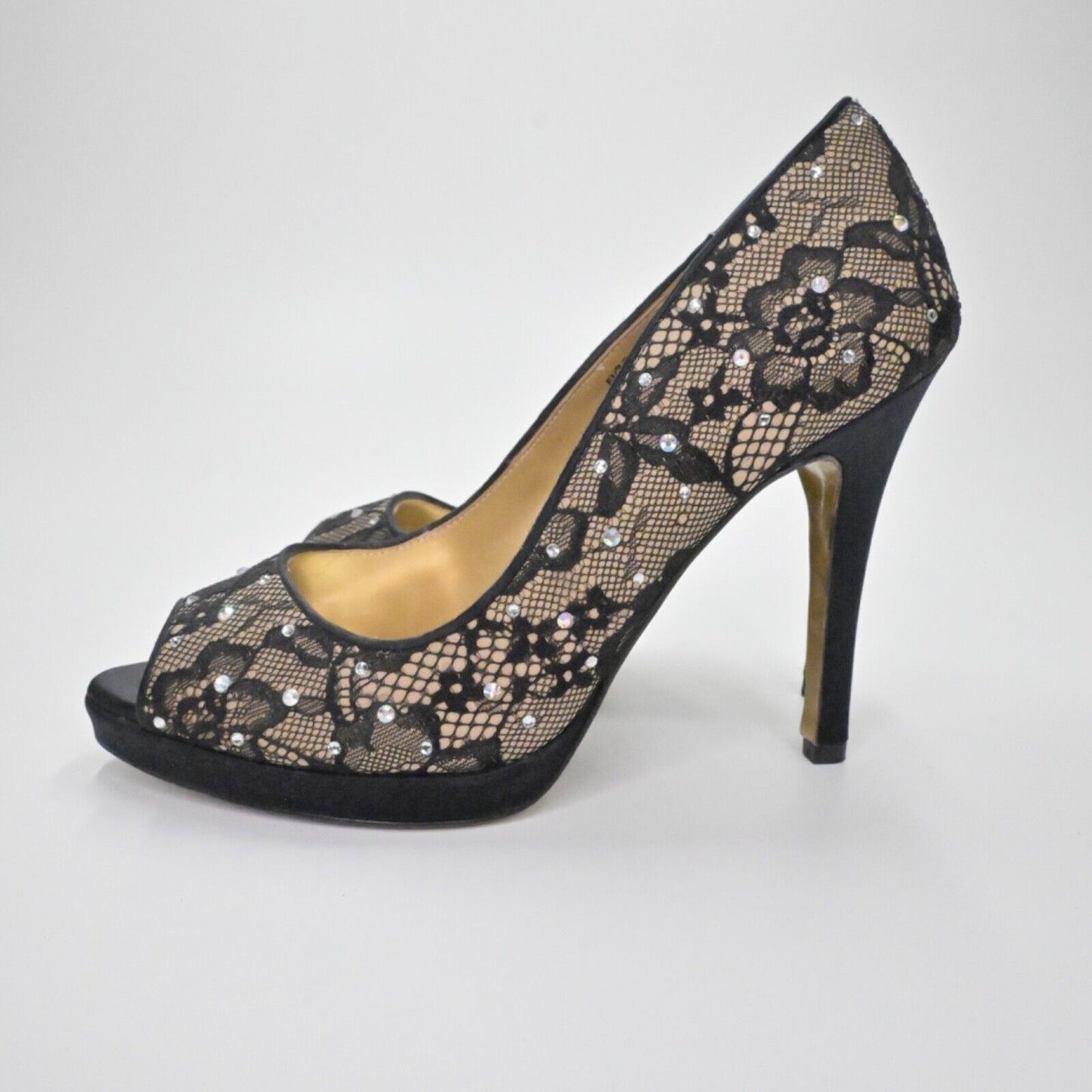BENJAMIN ADAMS Pumps Womens Sz 7.5 Black Lace Rhinestone Peep Toe Stiletto Heel