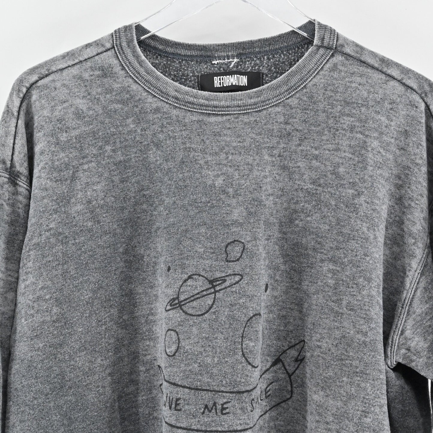 REFORMATION Womens Give Me Space Graphic Sweatshirt Sz L Gray Burnout Grunge USA