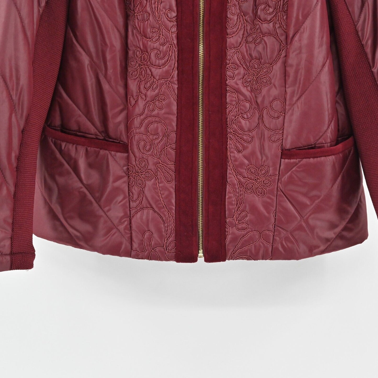 CHICOS Jacket Womens Size M Zenergy Red Maple Velvet Trim Embroidered Zip Front
