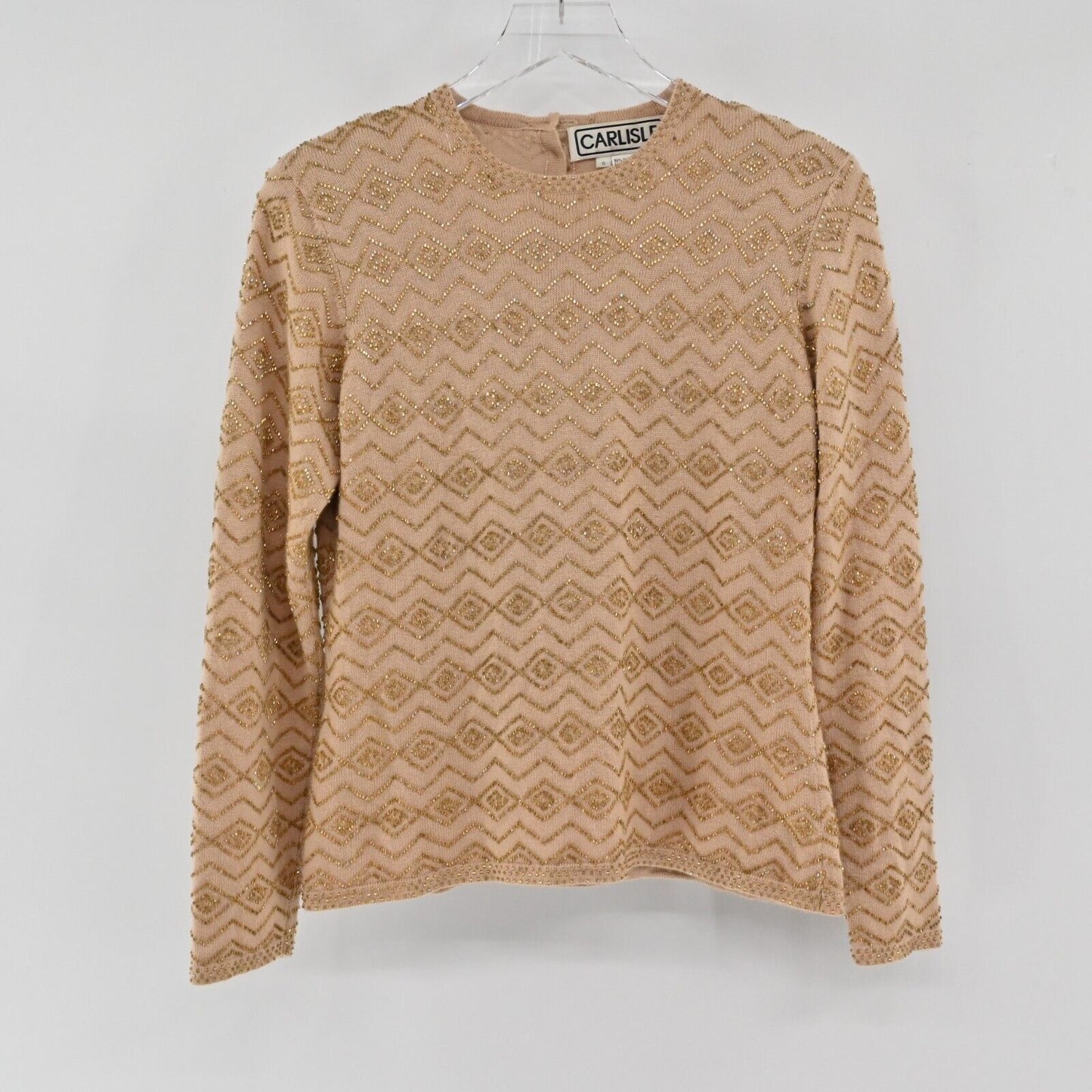 Vtg CARLISLE Sweater Womens Size Small Cashmere Silk Beaded Knit Geometric Print
