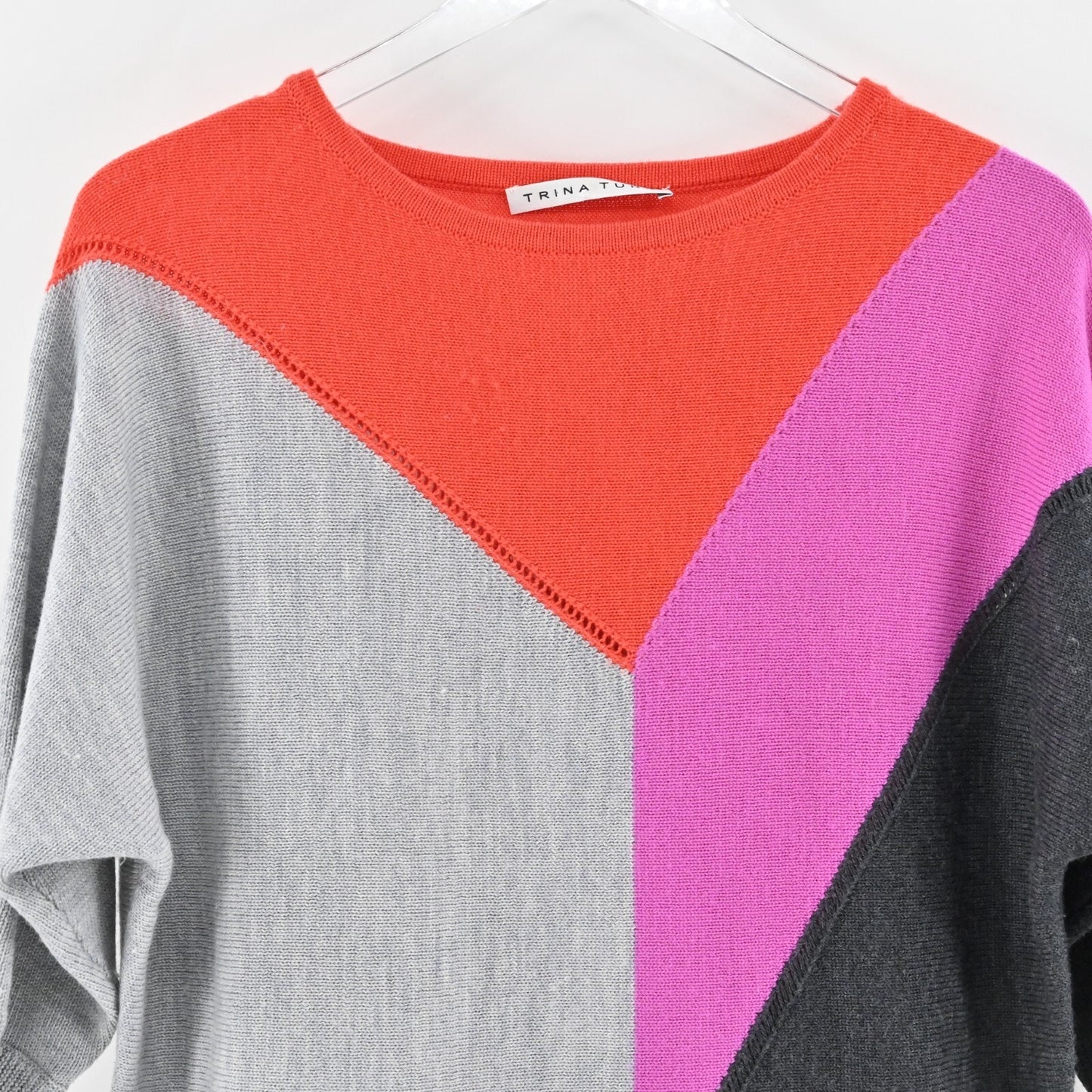 TRINA TURK Sweater Womens Sz S Merino Wool Color Block Dolman Sleeve Knit Retro