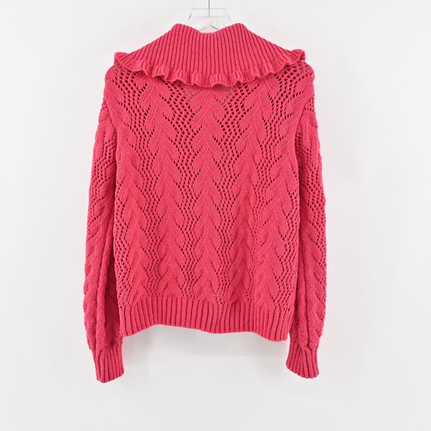 RICH FAMOUS Jacket Womens Size L Hot Pink Knit Sweater Full Zip Ruffle Collar
