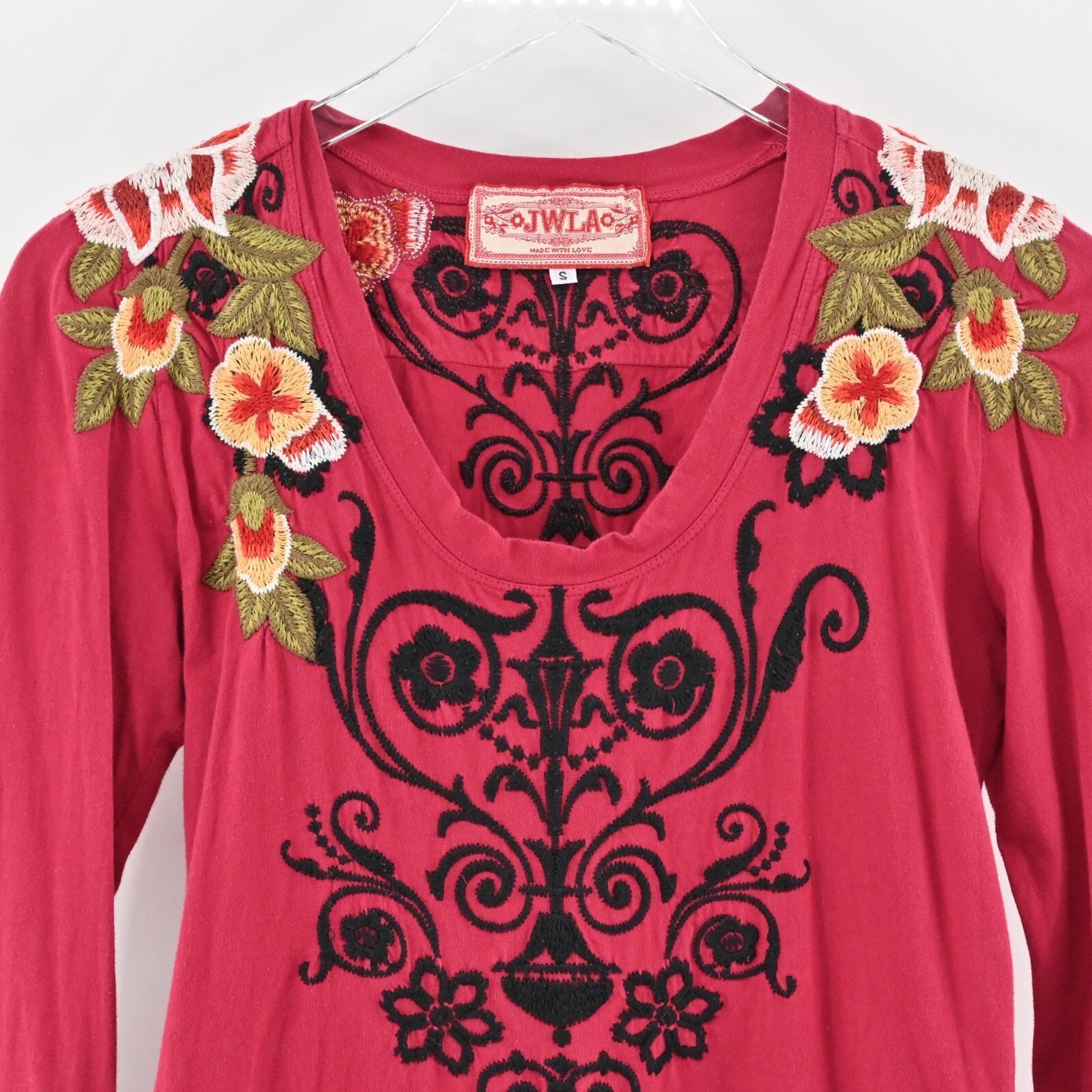 JOHNNY WAS Top Womens Size S Red Floral Embroidered JWLA Scoop Neck Long Sleeve
