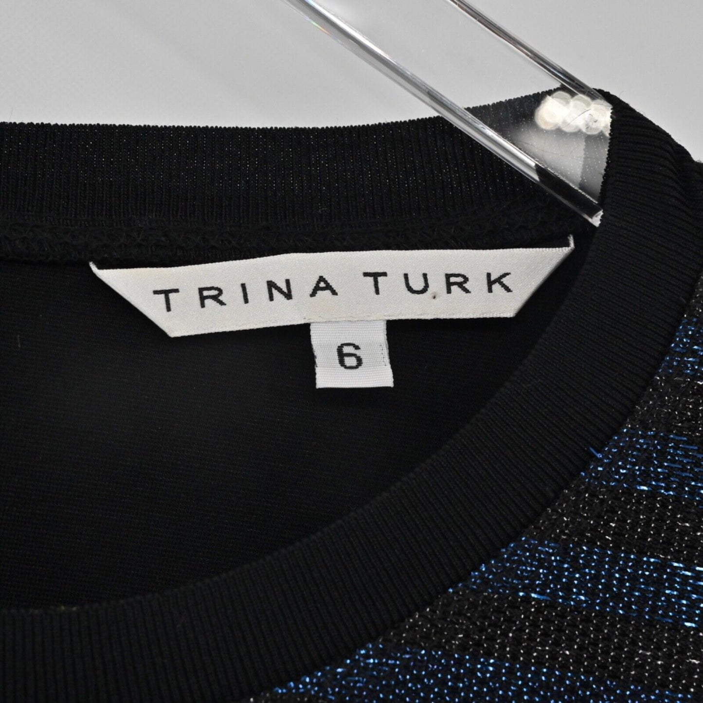 TRINA TURK Dress Womens Sz 6 Metallic Black Blue Stripe Scoop Neck Mini Sweater