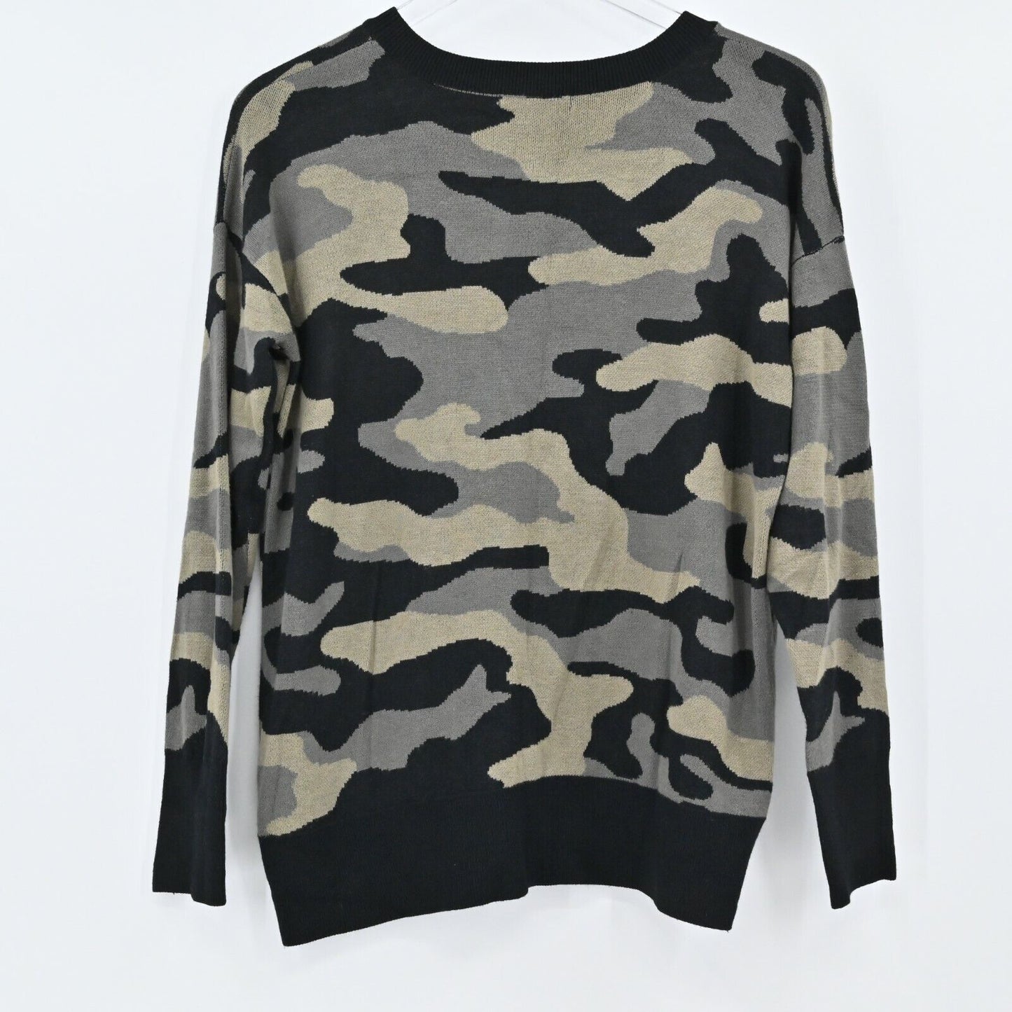 ISAAC MIZRAHI Sweater Womens Size M Green Black Camo Knit Crewneck Pullover Army