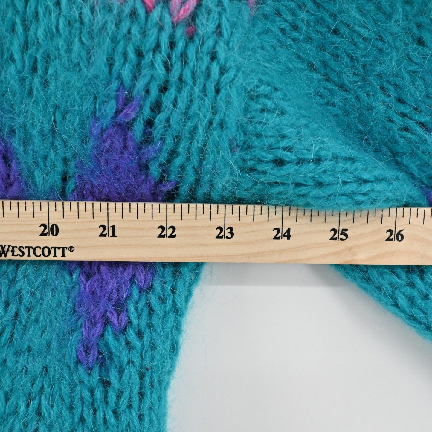 Vtg 80s Womens Mohair Knit Sweater Size L Teal Colorful Diamond Cardigan