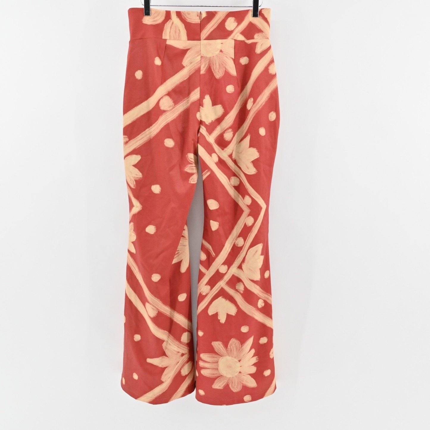 FELIPE DE LA PAVA Womens Flare Pants Sz L Coral Floral High Rise Retro Boho 70s