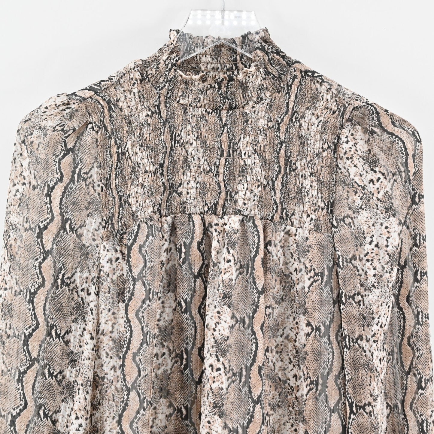 JOIE Smocked Top Womens Size XS Snakeskin Print Mock Neck Chiffon Relaxed Blouse