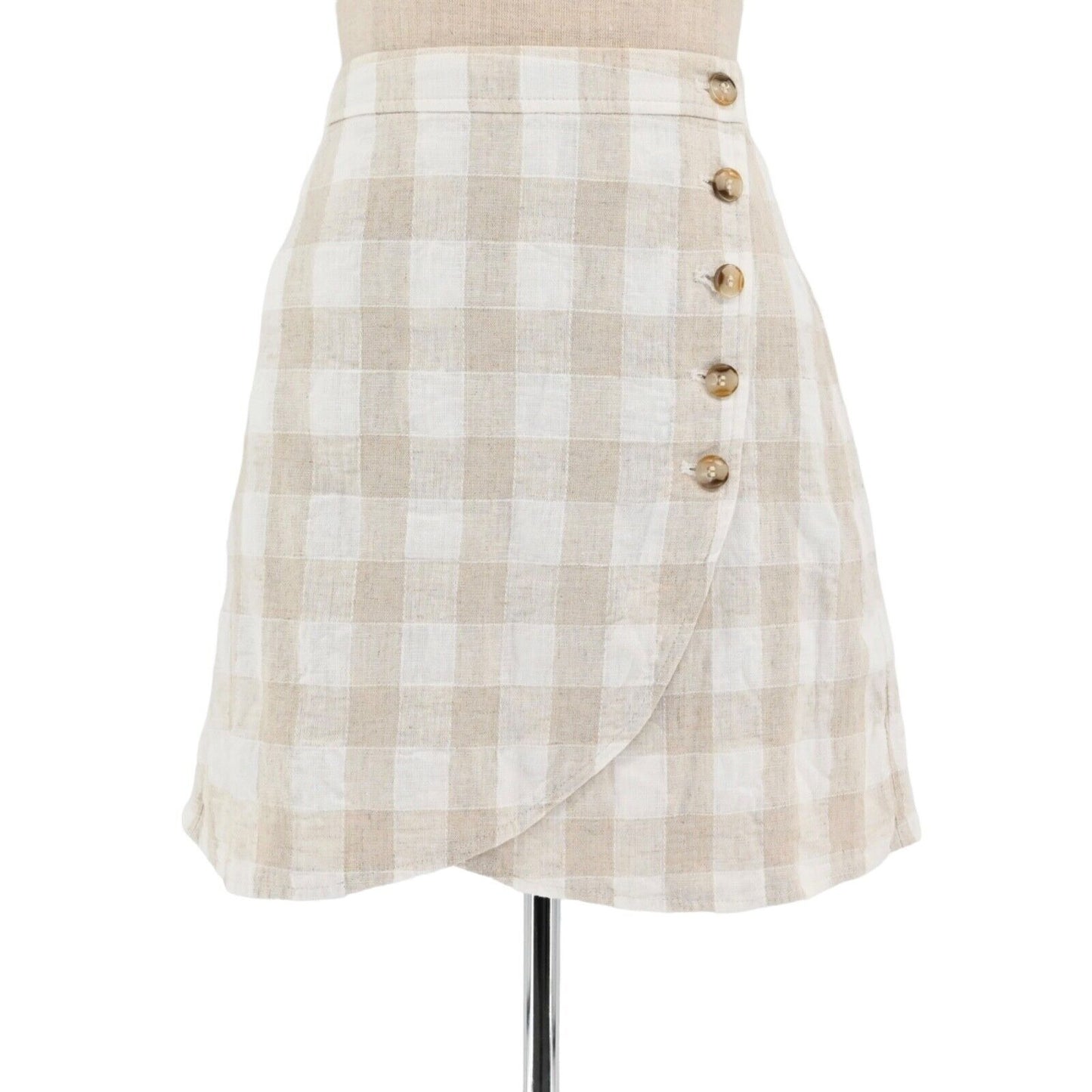 MADEWELL Skirt Womens Size 8 Tulip Hem Wrap Mini Tan Buffalo Check Linen Cotton