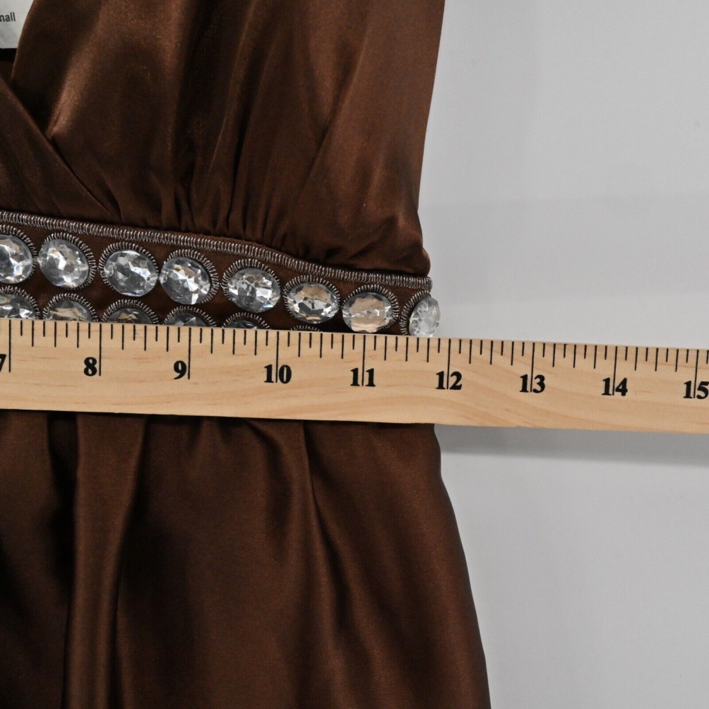 Vtg JANICE Dress Womens Sz S Brown Teal Geometric Satin Jeweled Empire Waist Y2k