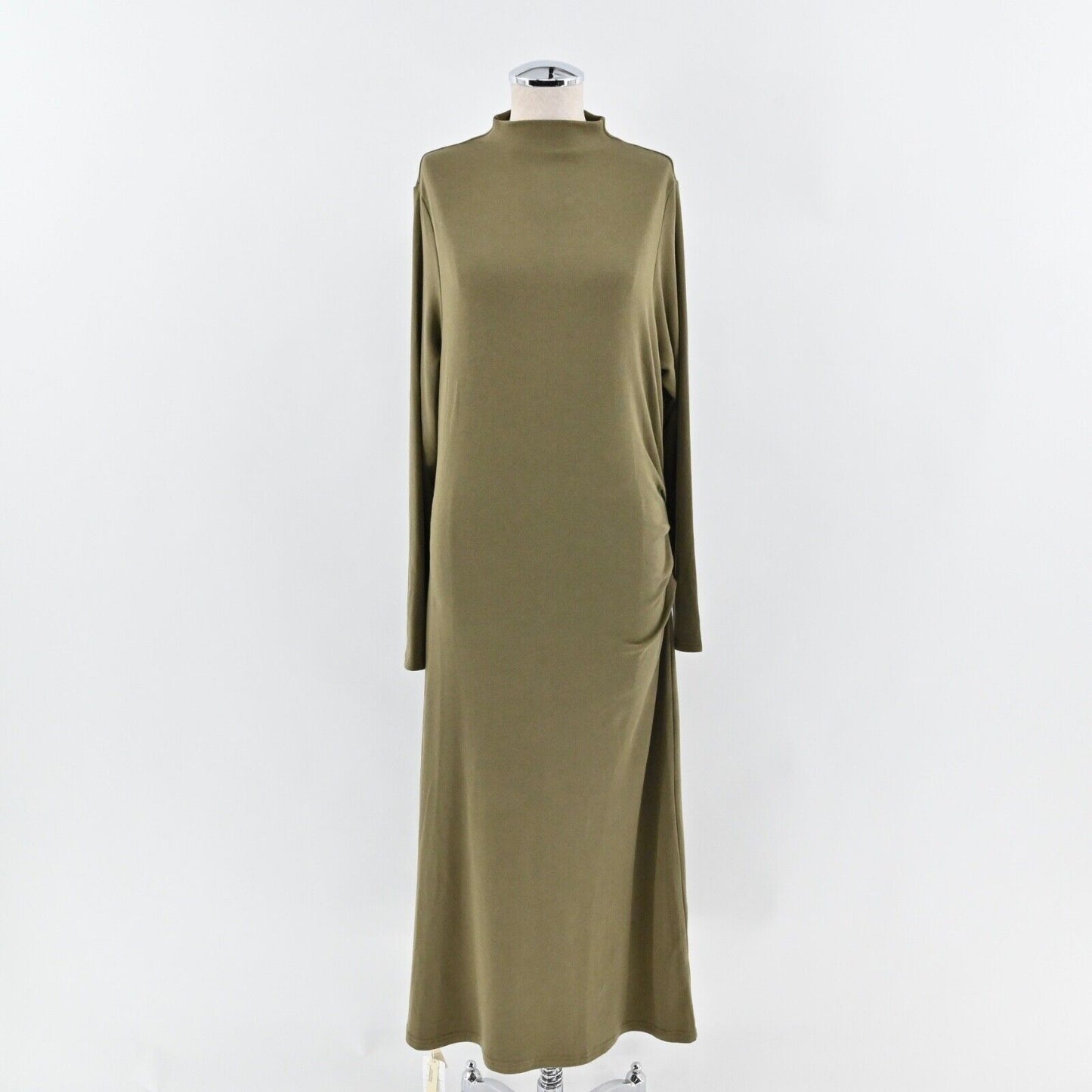 OGL Dress Size 2XL Green Heat Tech Mock Neck Long Sleeve Ruched Tucks Midi NEW