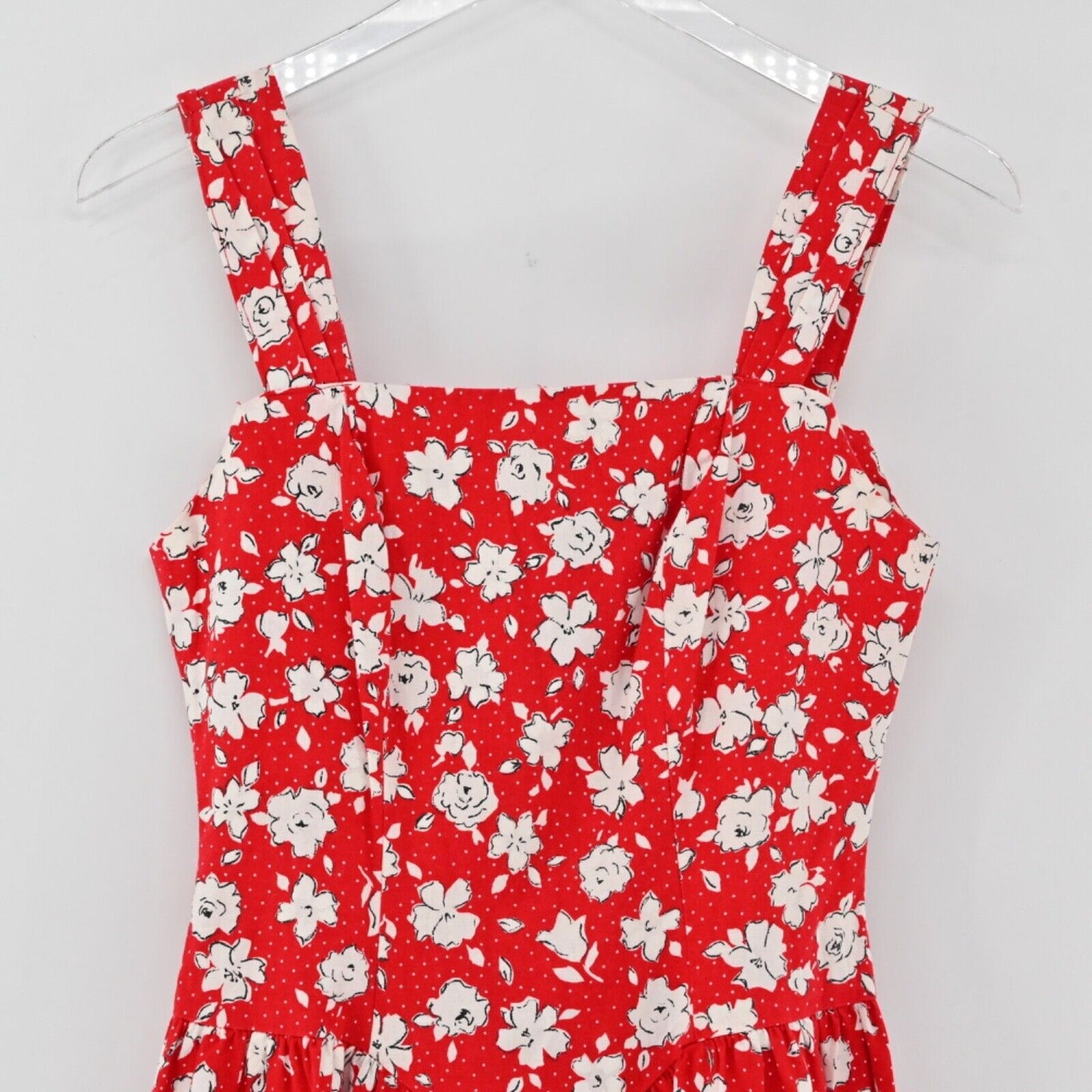 Vtg PAQUETTE Dress Women Sz 6 Red Floral Cotton Square Neck Basque Waist USA 90s