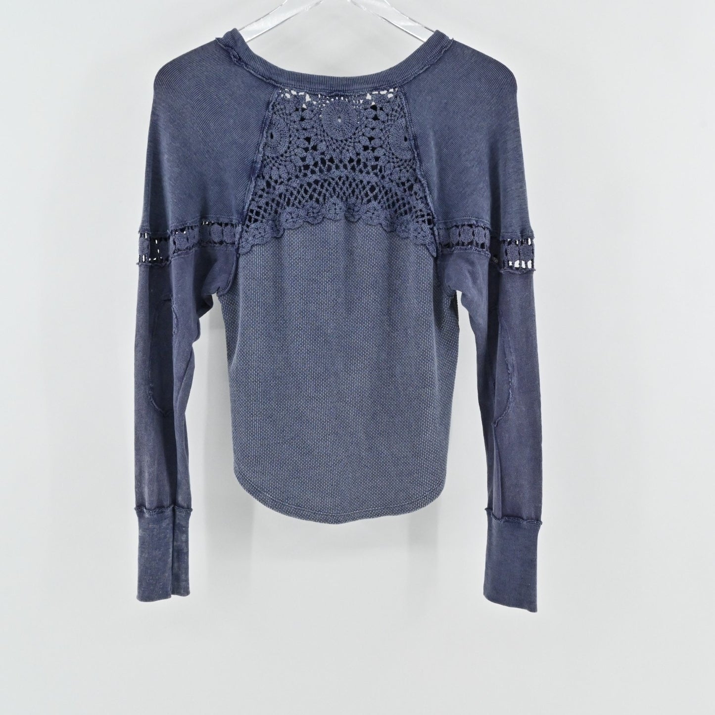 Free People Luella Tee Shirt Thermal Top Size XS Crochet Inset Quarry Blue Boho