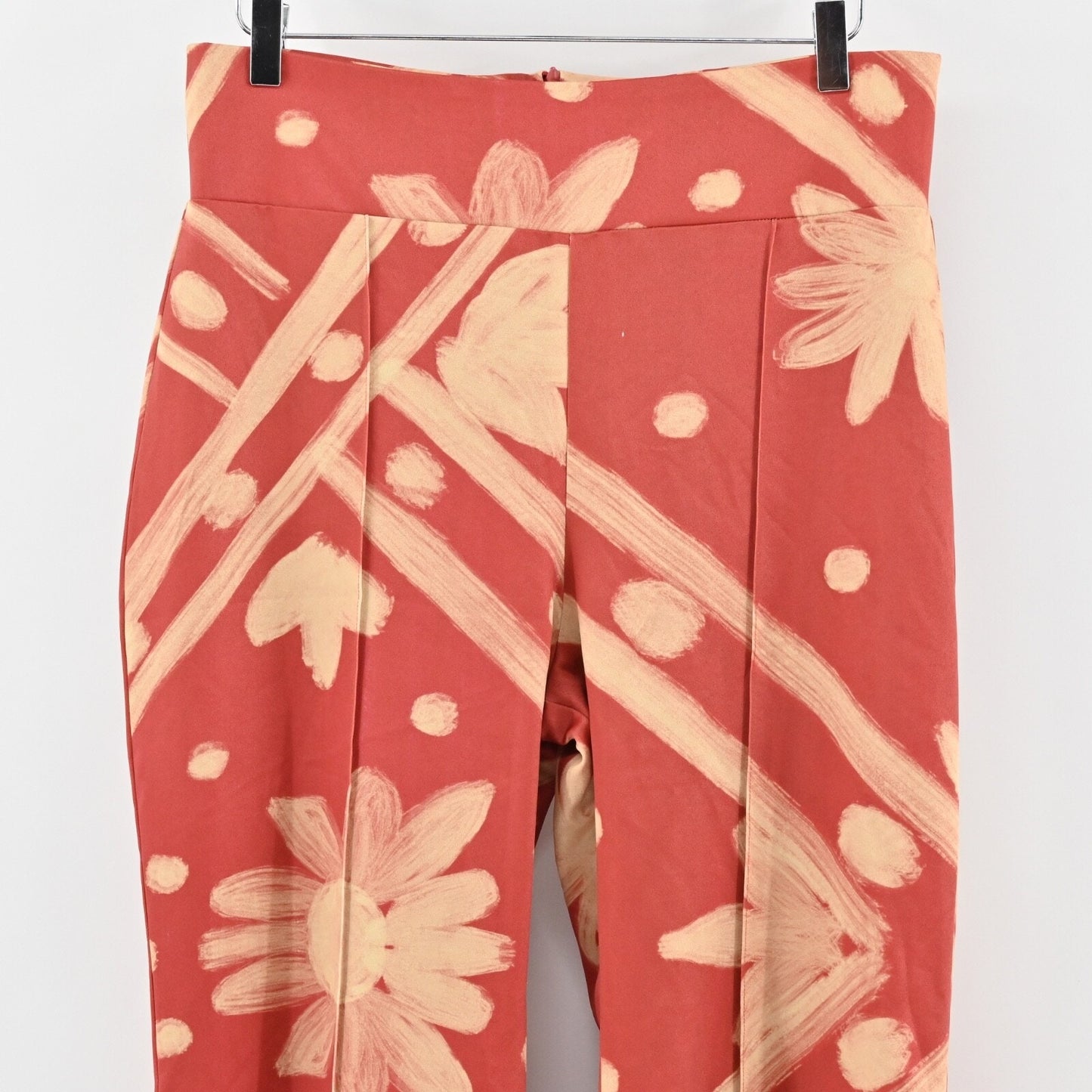 FELIPE DE LA PAVA Womens Flare Pants Sz L Coral Floral High Rise Retro Boho 70s
