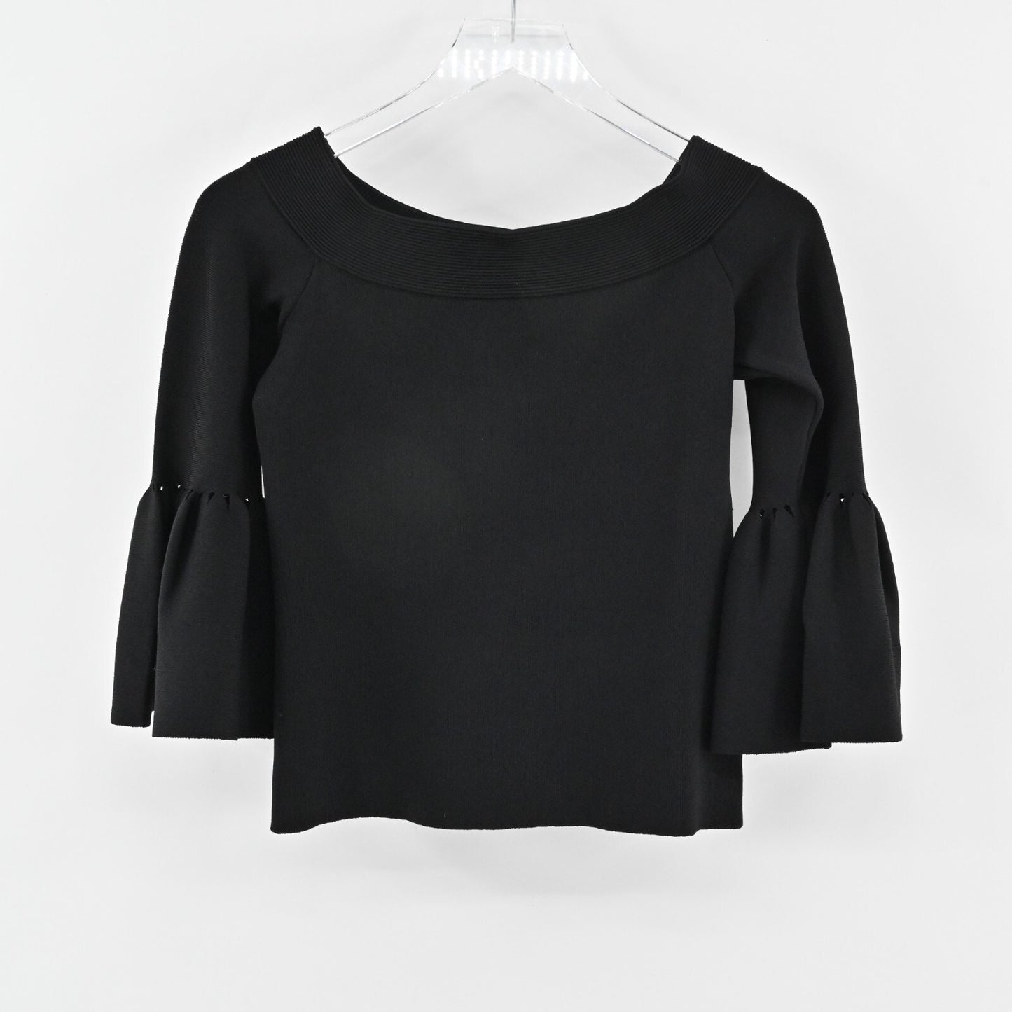 ELIZA J Top Womens Sz M Black Off The Shoulder Bell Sleeve Fold Over Neck Blouse