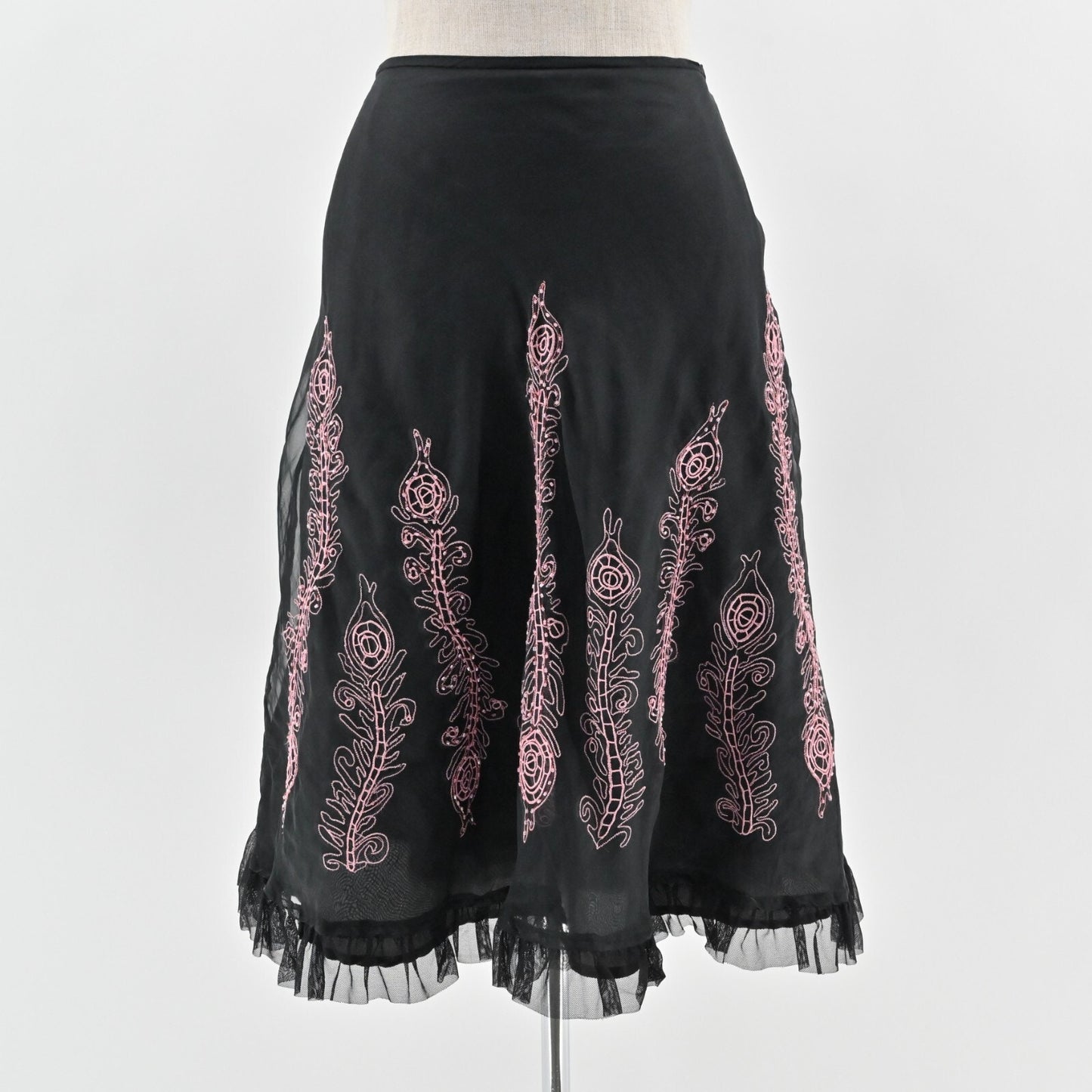 Vtg CAROLE LITTLE Skirt Size 8 Black Silk Pink Embroidered Tulle Witchy ALine