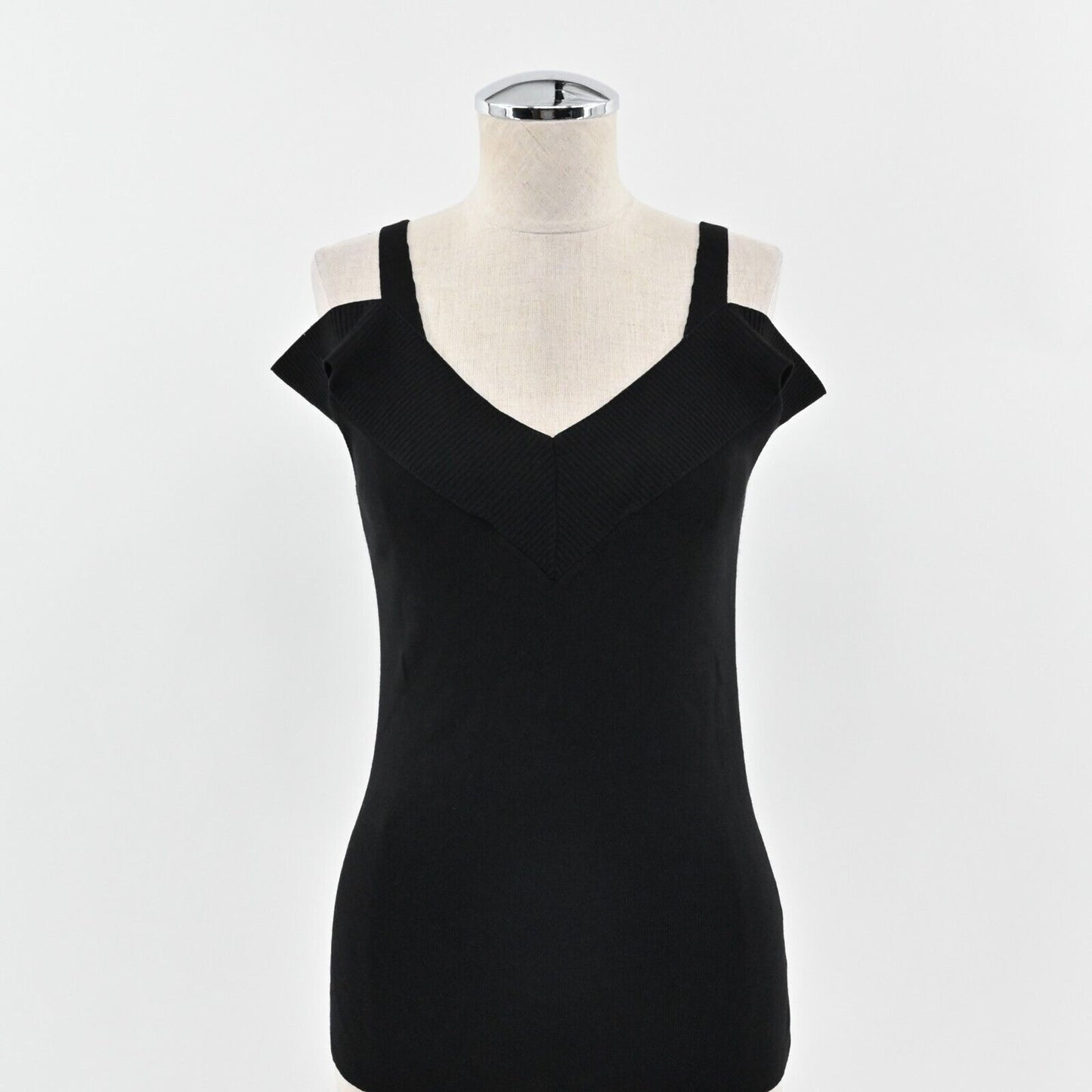 BOSTON PROPER Sweater Womens Size M Solid Black Cold Shoulder Knit VNeck Top