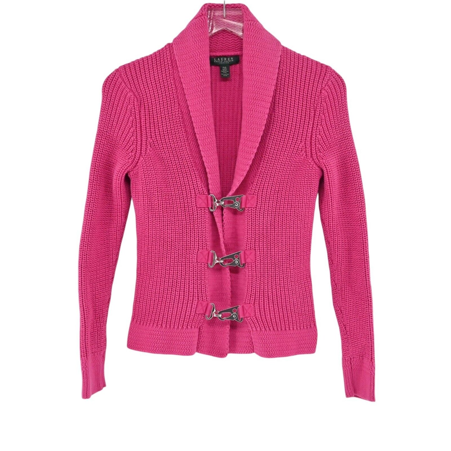 LRL Cardigan Sweater Womens Sz PXS Hot Pink Knit Long Sleeve Cotton Shawl Collar