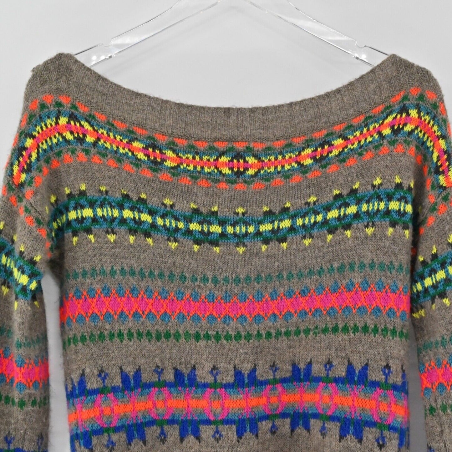 AMERICAN EAGLE Sweater Womens Size S Neon Fair Isle Wool Blend Boat Neck Retro