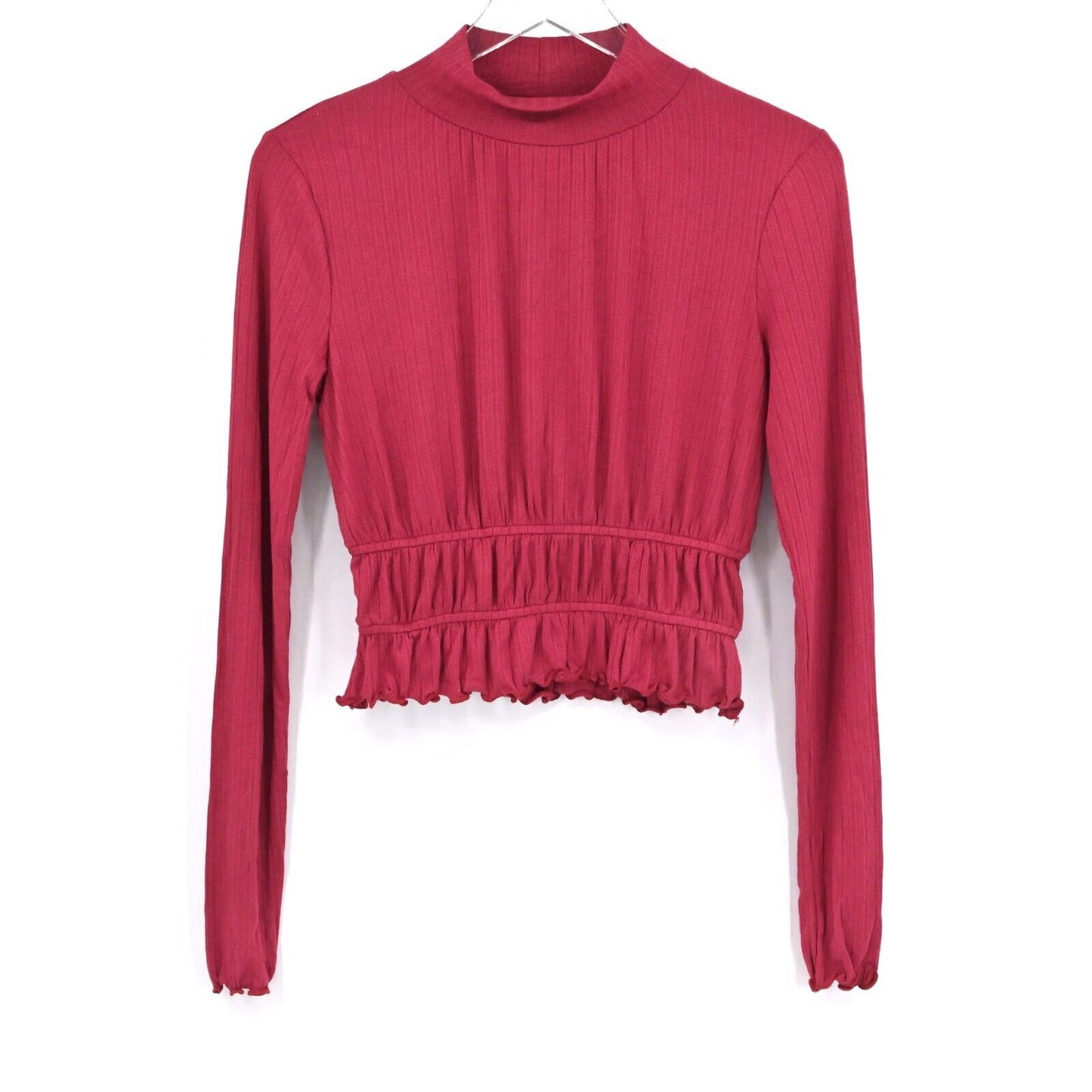 LOST WANDER Top Womens Sz XS Pink Smocked Hem Blouse Mock Neck Long Sleeve NEW