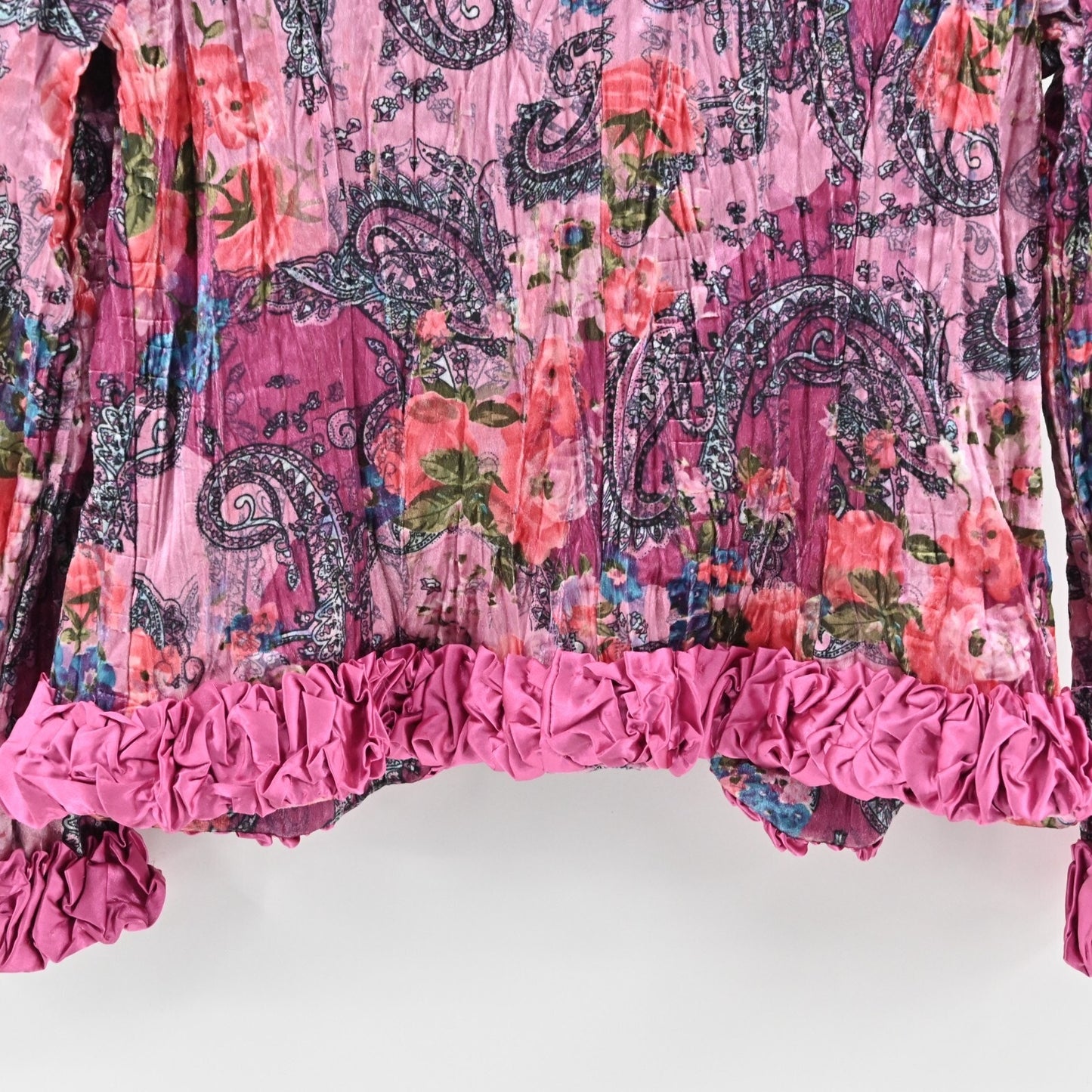 Vtg FANTAZIA Womens Velvet Jacket Size M Pink Floral Paisley Crinkle Ruffle Y2k