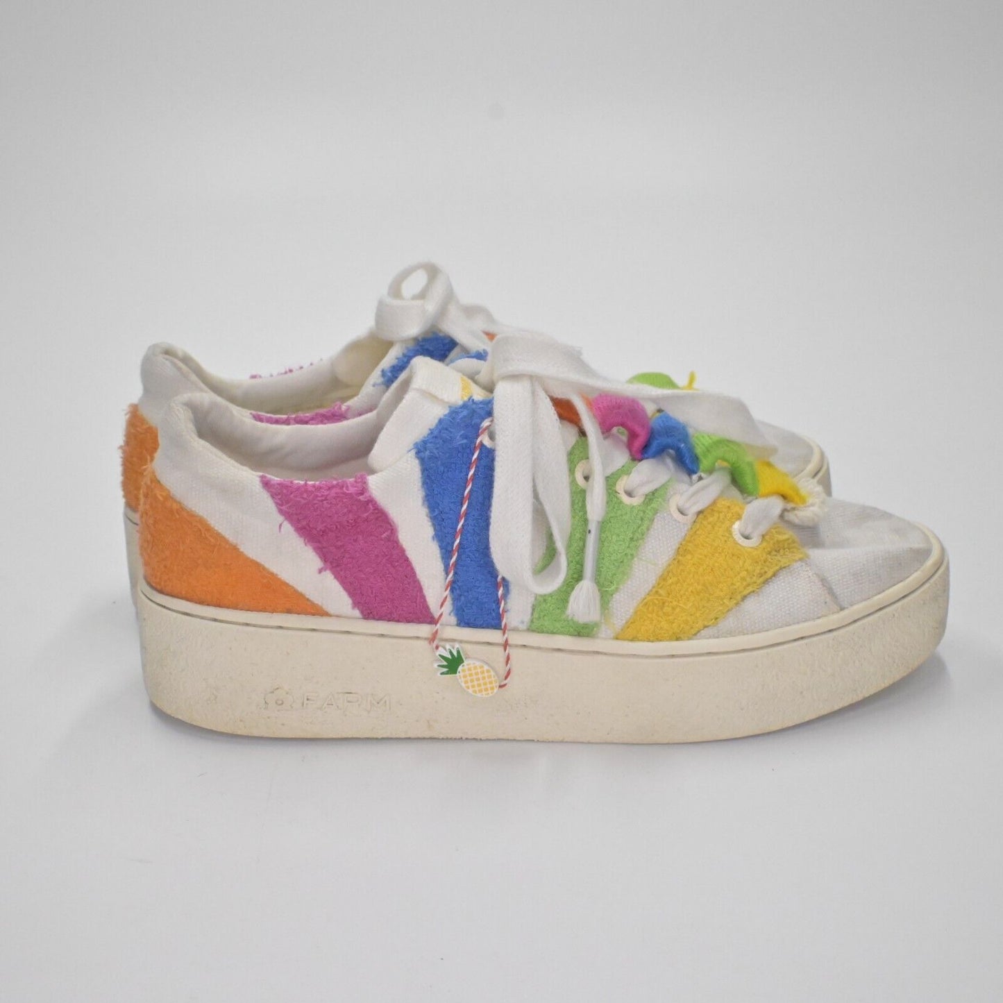 FARM RIO Rainbow Sneakers Womens Sz 7.5 Platform Shoe Pink Green Picnic Crochet