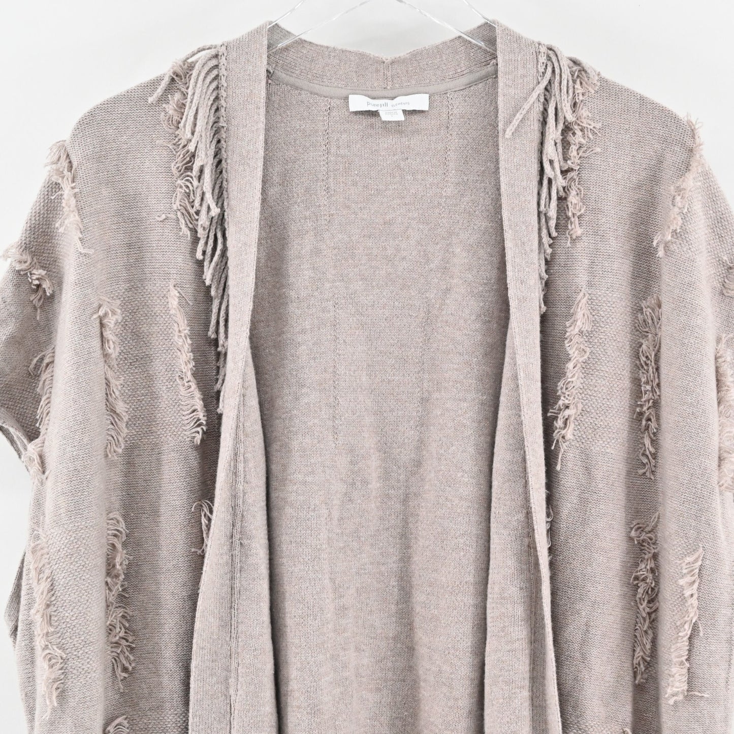 J JILL Womens Fringe Cardigan Sweater Size L Jacquard Gilet Light Mocha Heather