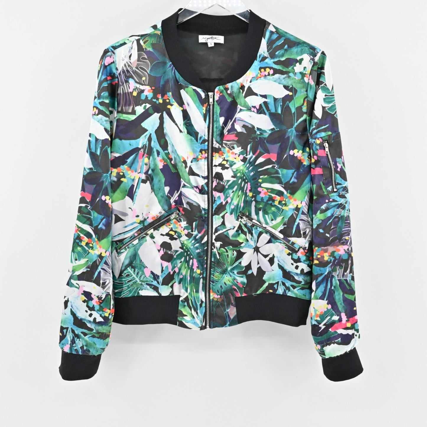 X by GOTTEX Jacket Womens Size L Multi Tropical Punch Print Bomber Activewear