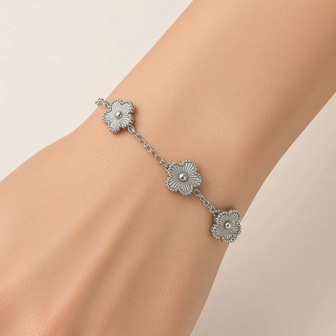 Double Sided Clover Flower Charm Bracelet Silver Tone Titanium Steel