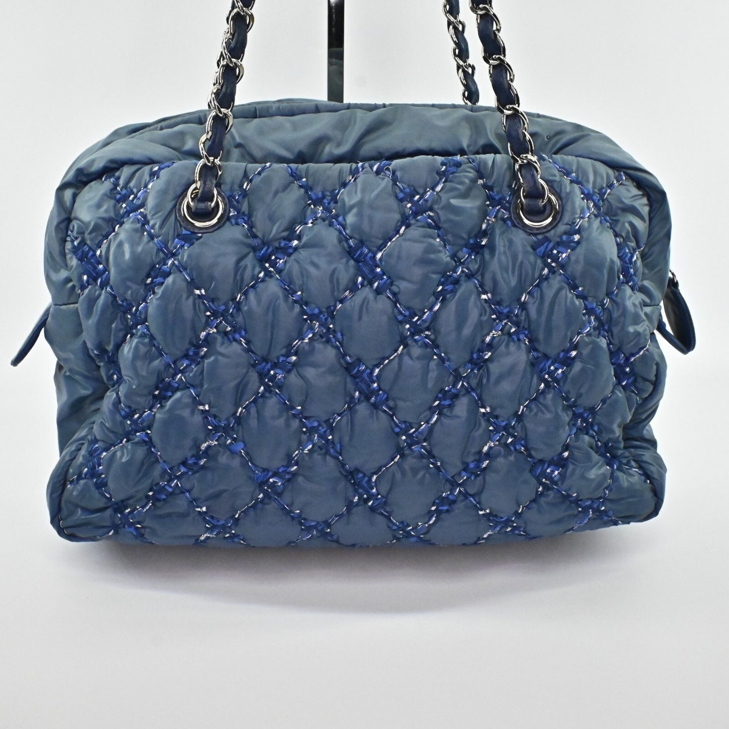 CHANEL Shoulder Bag Byzance Tweed On Stitch Blue Nylon Quilted Chain Strap