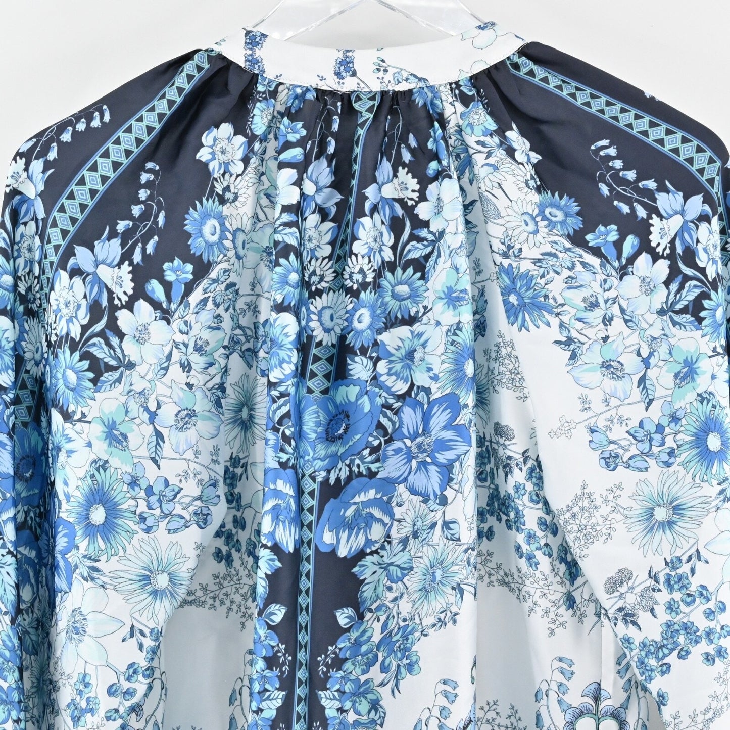 FATE Womens Billow Sleeve Blouse Top Sz S Blue Floral Tie Neck Button Boho Retro
